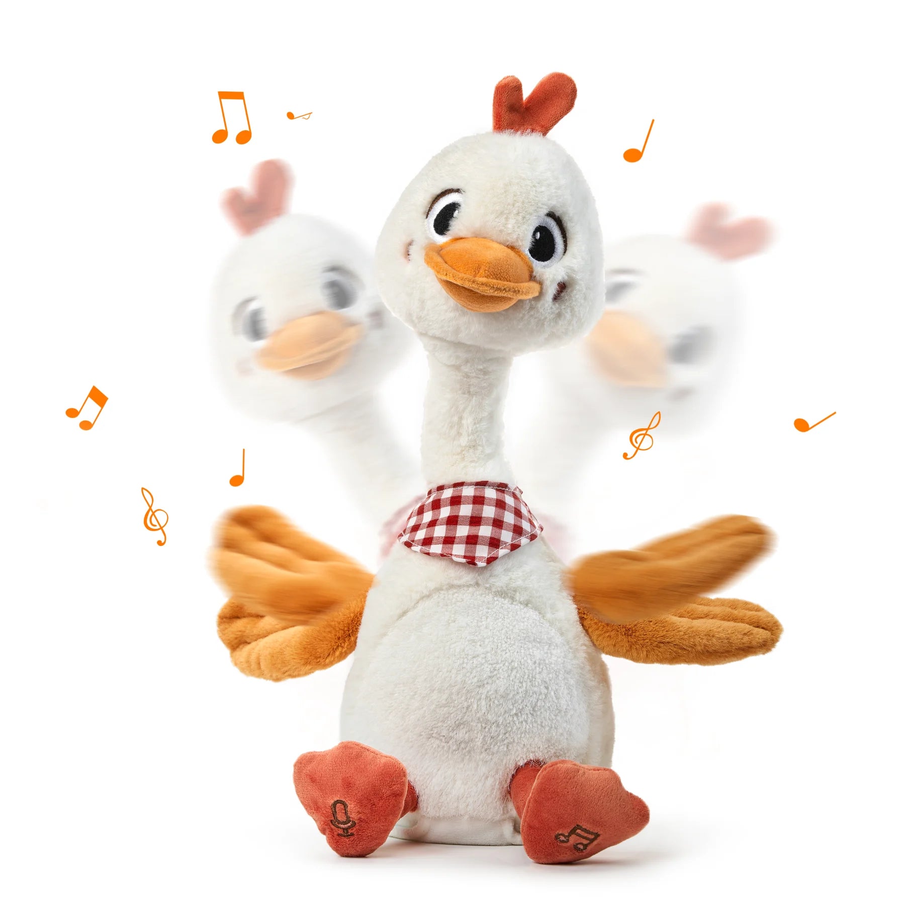 Soft plush electronic duck toy. The toy is shown talking, dancing, and flapping its wings, surrounded by musical notes for a fun and engaging playtime experience.