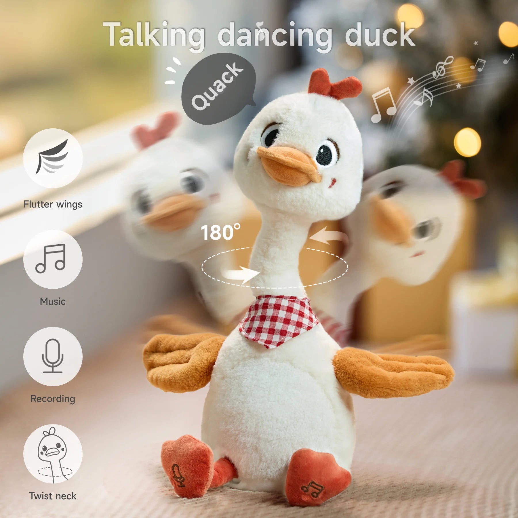 Interactive plush duck toy. The toy features wing fluttering, music playback, sound recording, and a 180° neck twist for an engaging and fun playtime experience.