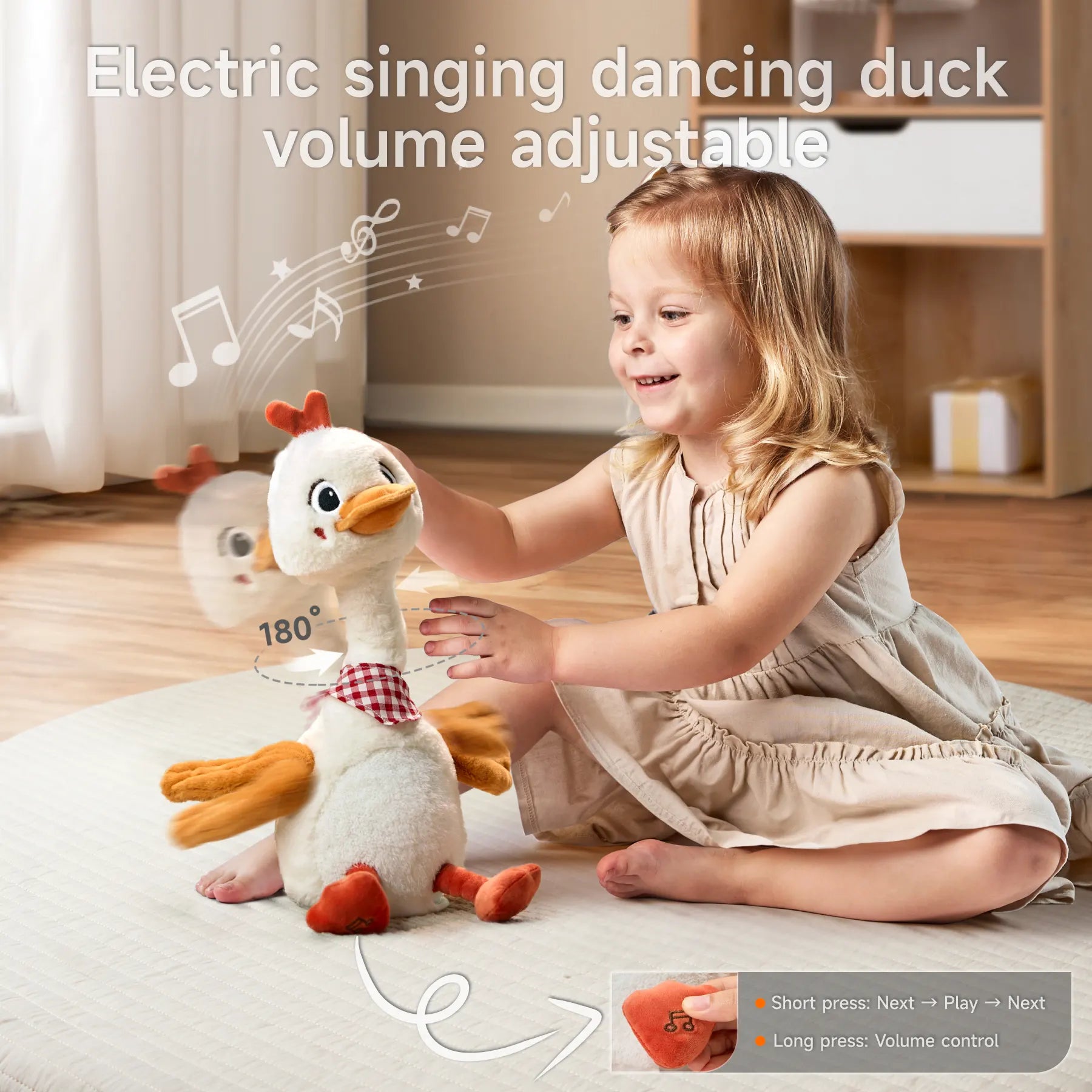 A child playing with an interactive electric duck toy that sings, dances, flutters its wings, and twists its neck 180°. The toy features adjustable volume and intuitive controls for music playback, creating an engaging playtime experience.
