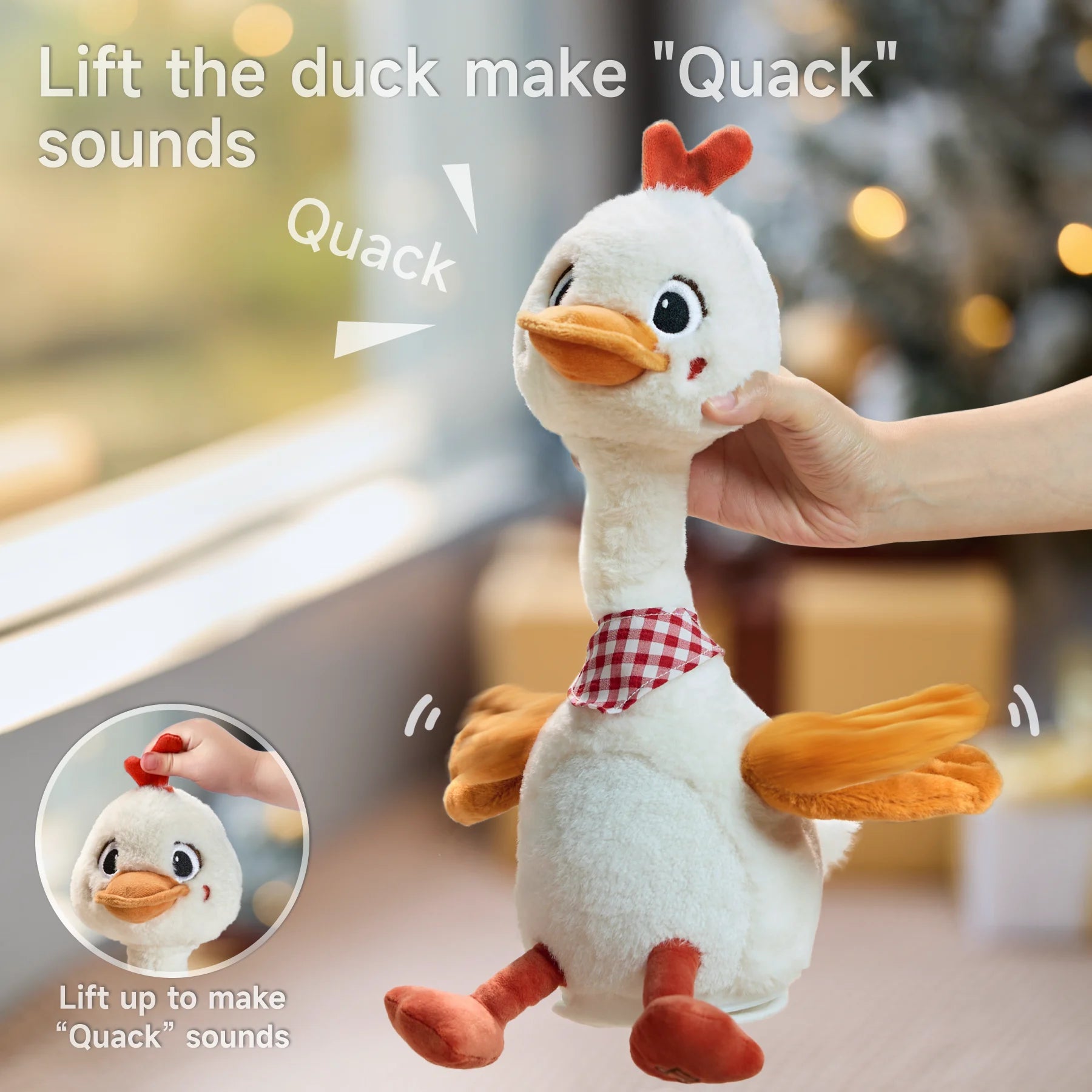 Interactive plush duck toy being lifted by hand, triggering