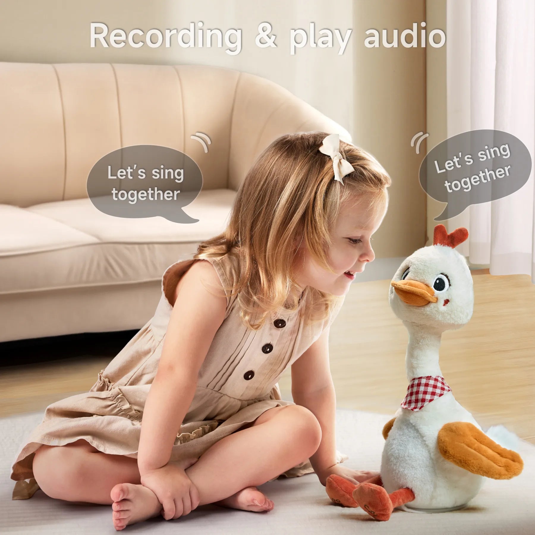 A child interacting with an interactive plush duck toy, which features recording and audio playback. The duck is soft and qute, encouraging the child with