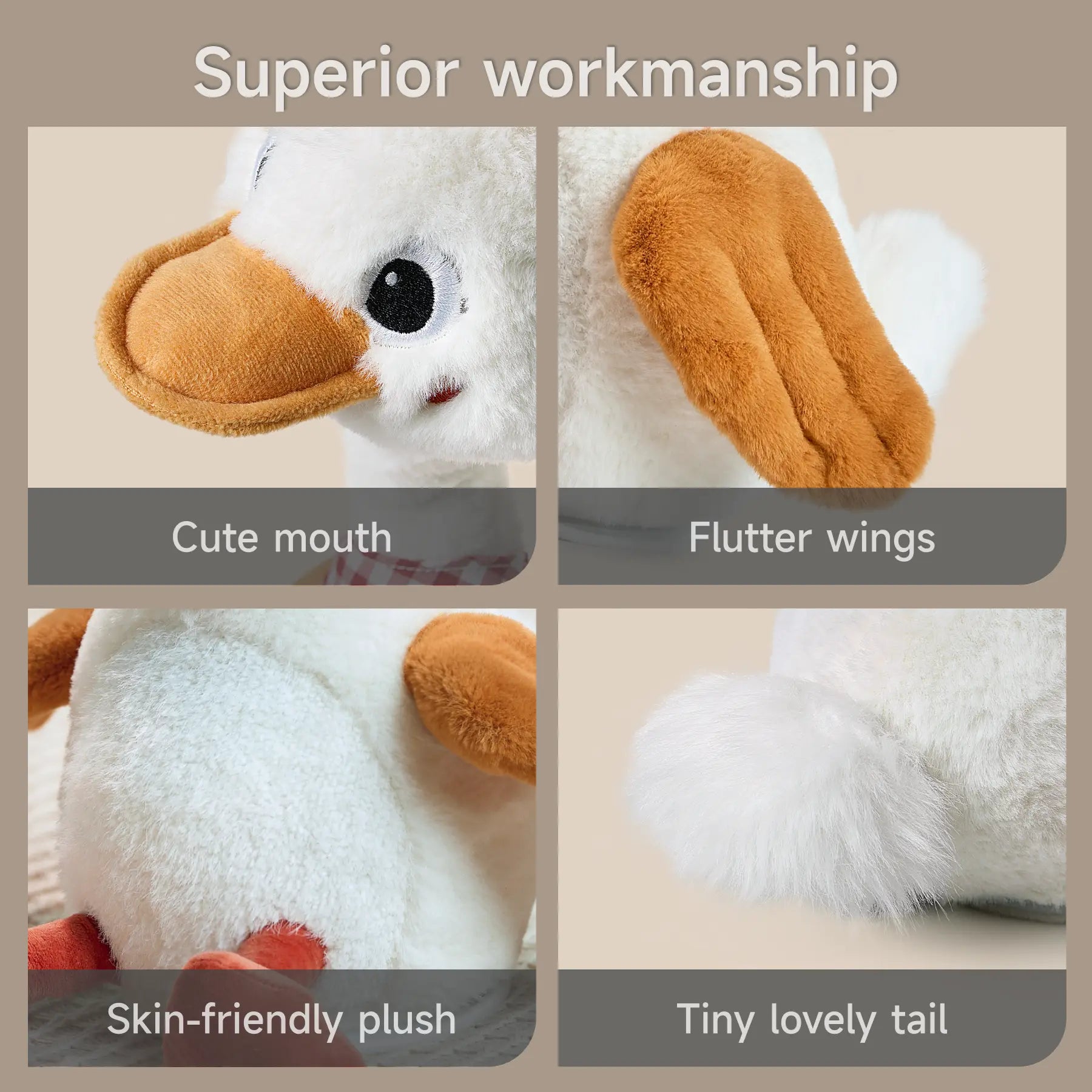 Close-up details of the plush duck toy showcasing its cute mouth, fluttering wings, soft and skin-friendly plush fabric, and a tiny, fluffy tail. A high-quality and thoughtfully designed toy for children.