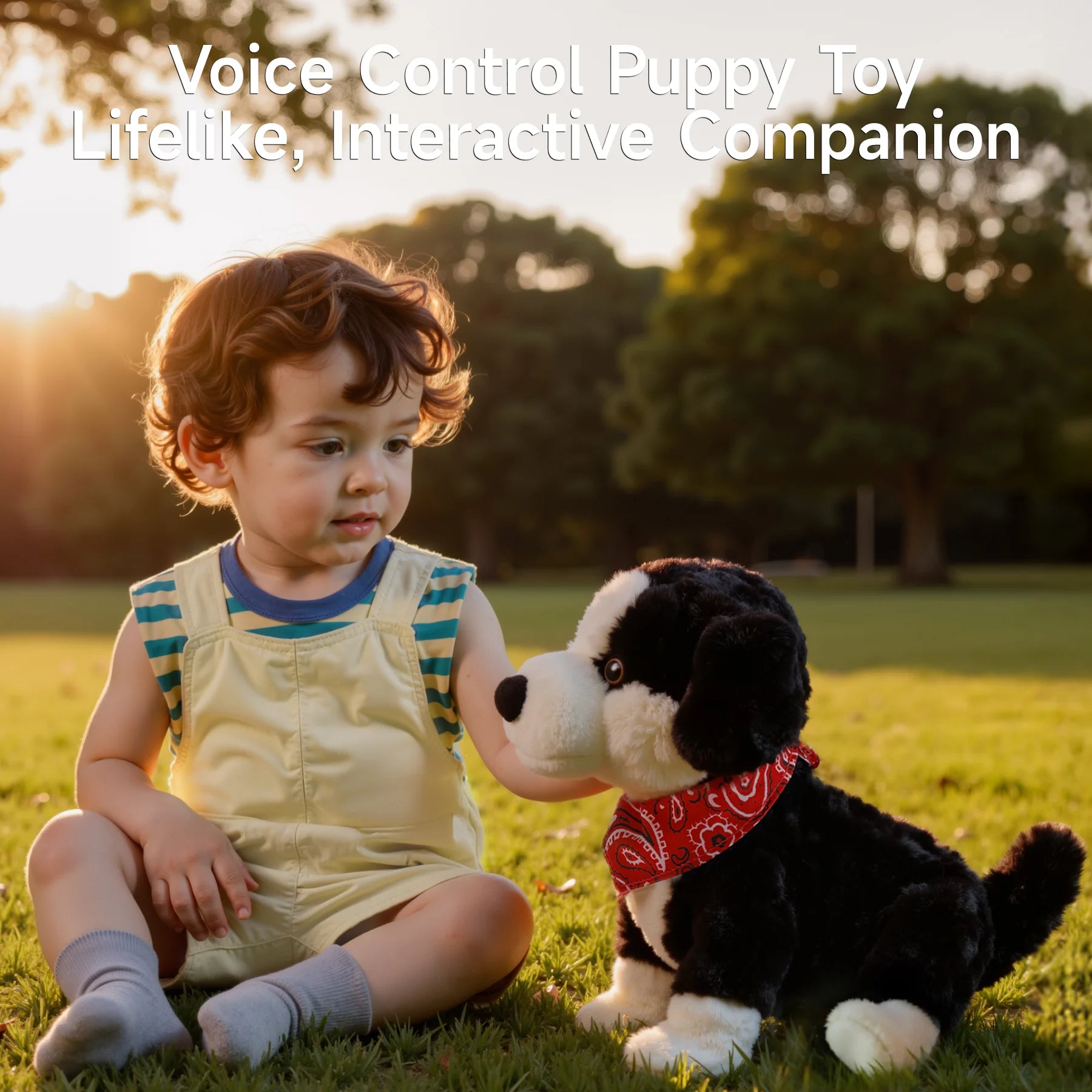 Child playing with lifelike voice-controlled plush puppy toy outdoors – interactive electronic dog with red bandana for kids.