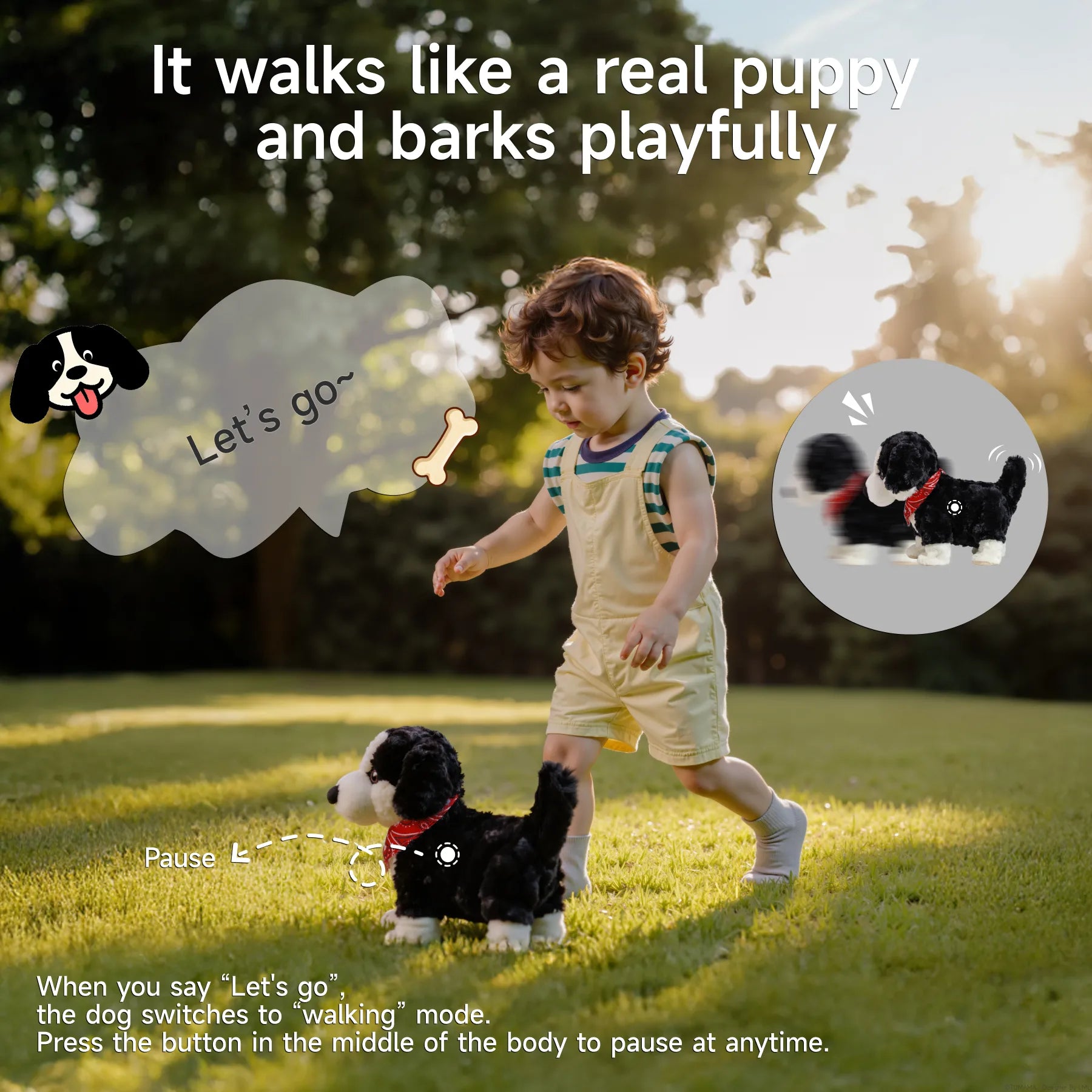 Child walking alongside interactive plush puppy toy responding to “Let’s go” command – dog walks and barks like a real pet outdoors.