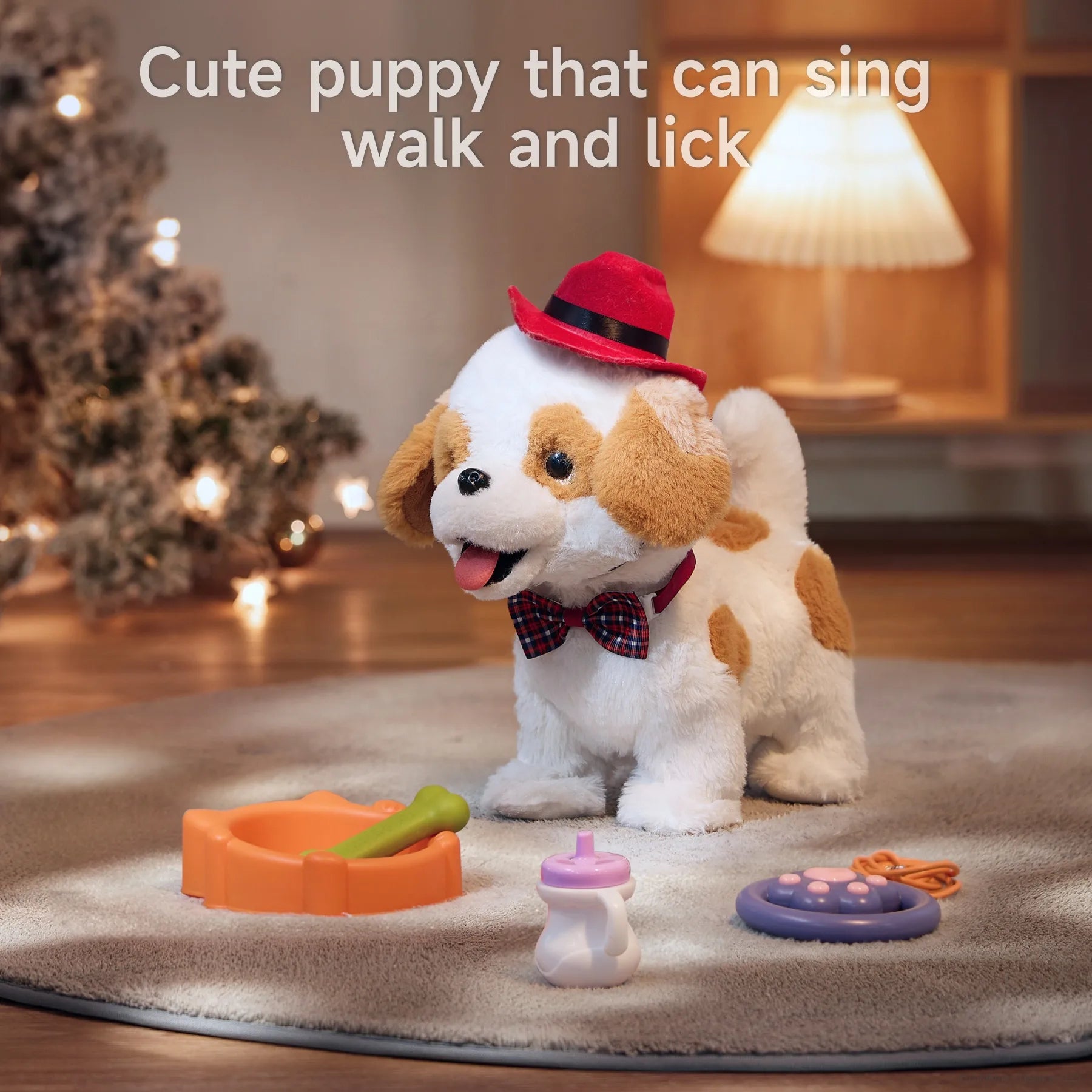Interactive toy puppy wearing a red cowboy hat and a plaid bowtie, standing on a rug with its accessories: a food bowl with a bone, baby bottle, and leash remote. The puppy can sing, walk, and lick, making it a lovable and engaging toy.