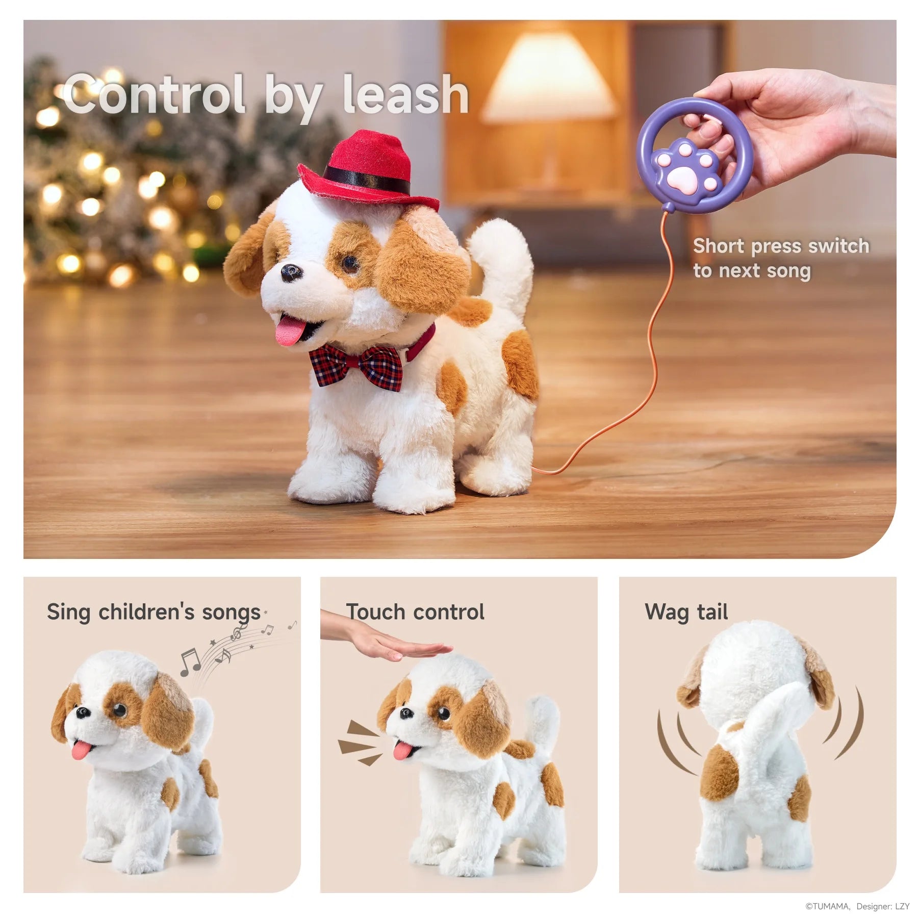 Interactive toy puppy wearing a red cowboy hat and plaid bowtie. Features include leash control for guiding movements and switching songs, touch-activated sounds, and a tail-wagging action. A fun and realistic toy for kids.