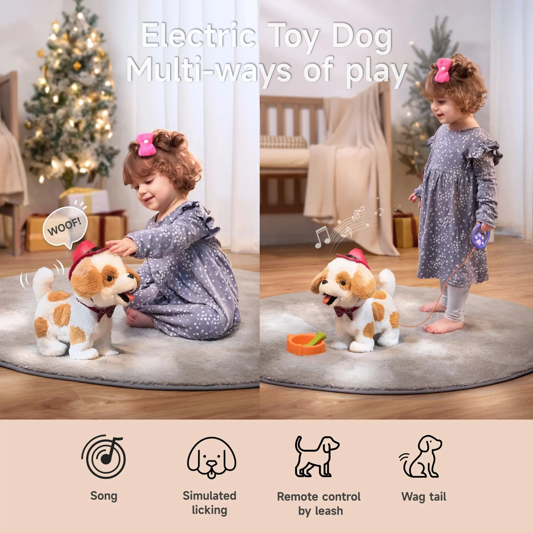 Two scenes of a child playing with an electric toy dog. The toy dog reacts to touch, wags its tail, sings songs, and can be controlled with a leash remote. Icons below highlight features like song mode, simulated licking, leash control, and wagging tail.