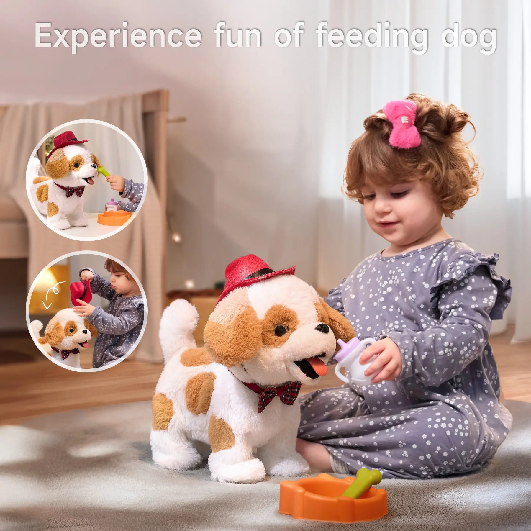 Child playing with an interactive toy dog by feeding it with a baby bottle and food bowl. The toy dog is wearing a red cowboy hat and plaid bowtie, wagging its tail while interacting with the child. Insets show additional feeding scenarios.