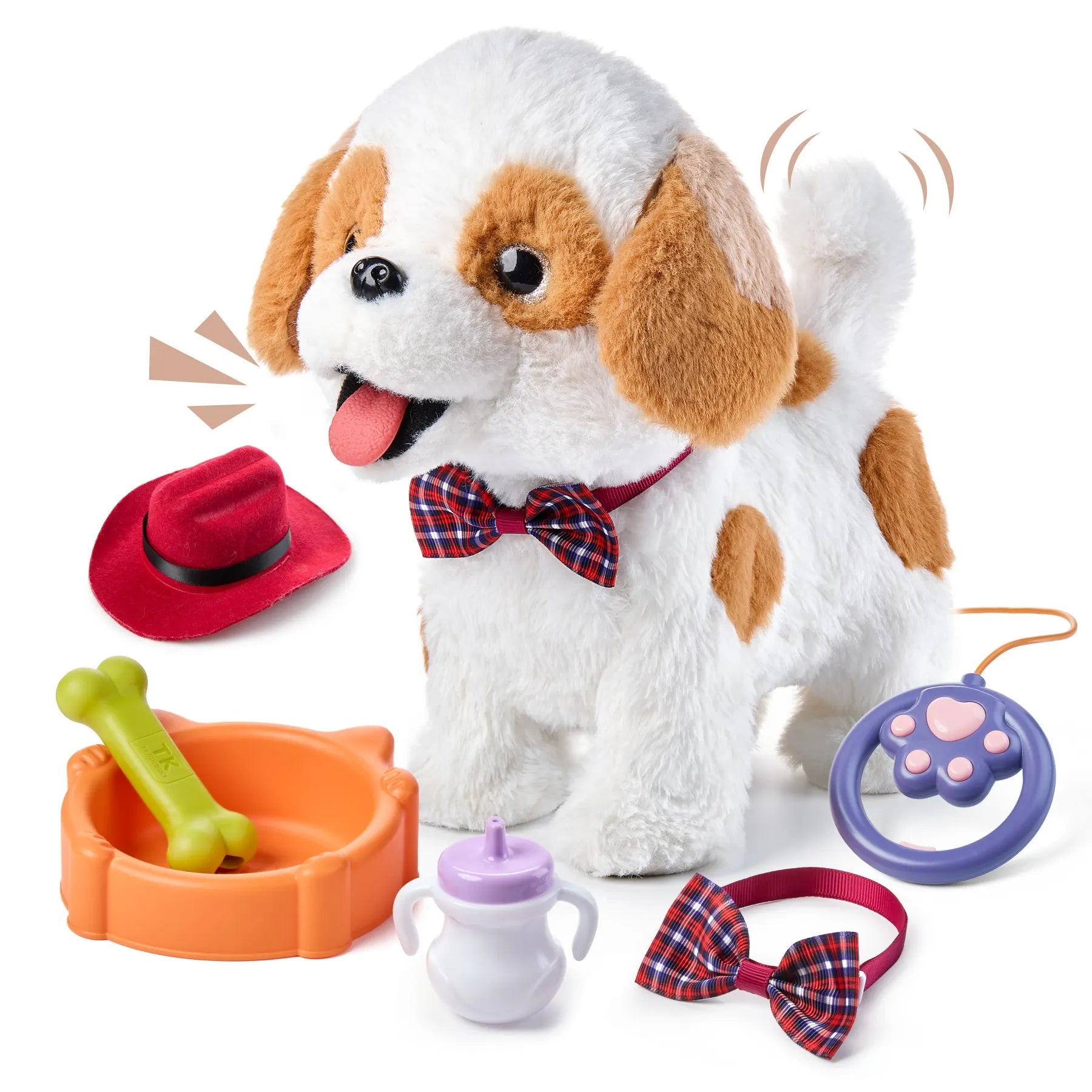 Interactive toy puppy with accessories, including a red cowboy hat, food bowl with a bone, baby bottle, plaid bowtie, and leash remote. The puppy wags its tail and responds to touch and voice. A fun and lifelike companion for children.
