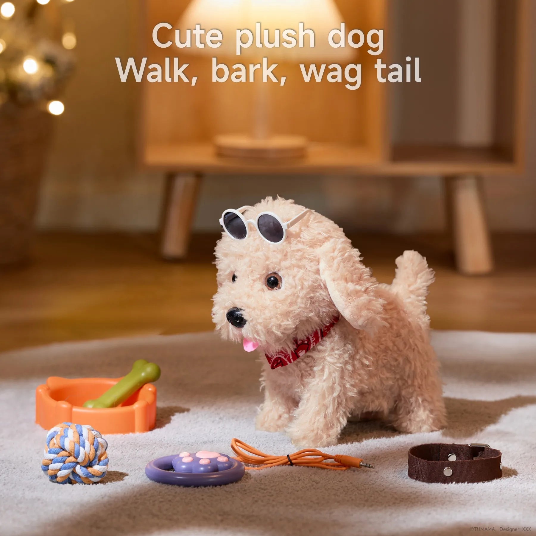 A plush walking toy dog wearing sunglasses and a red bandana, surrounded by accessories including a toy bowl, bone, rope ball, collar, and remote control. The toy is interactive and can walk, bark, and wag its tail.