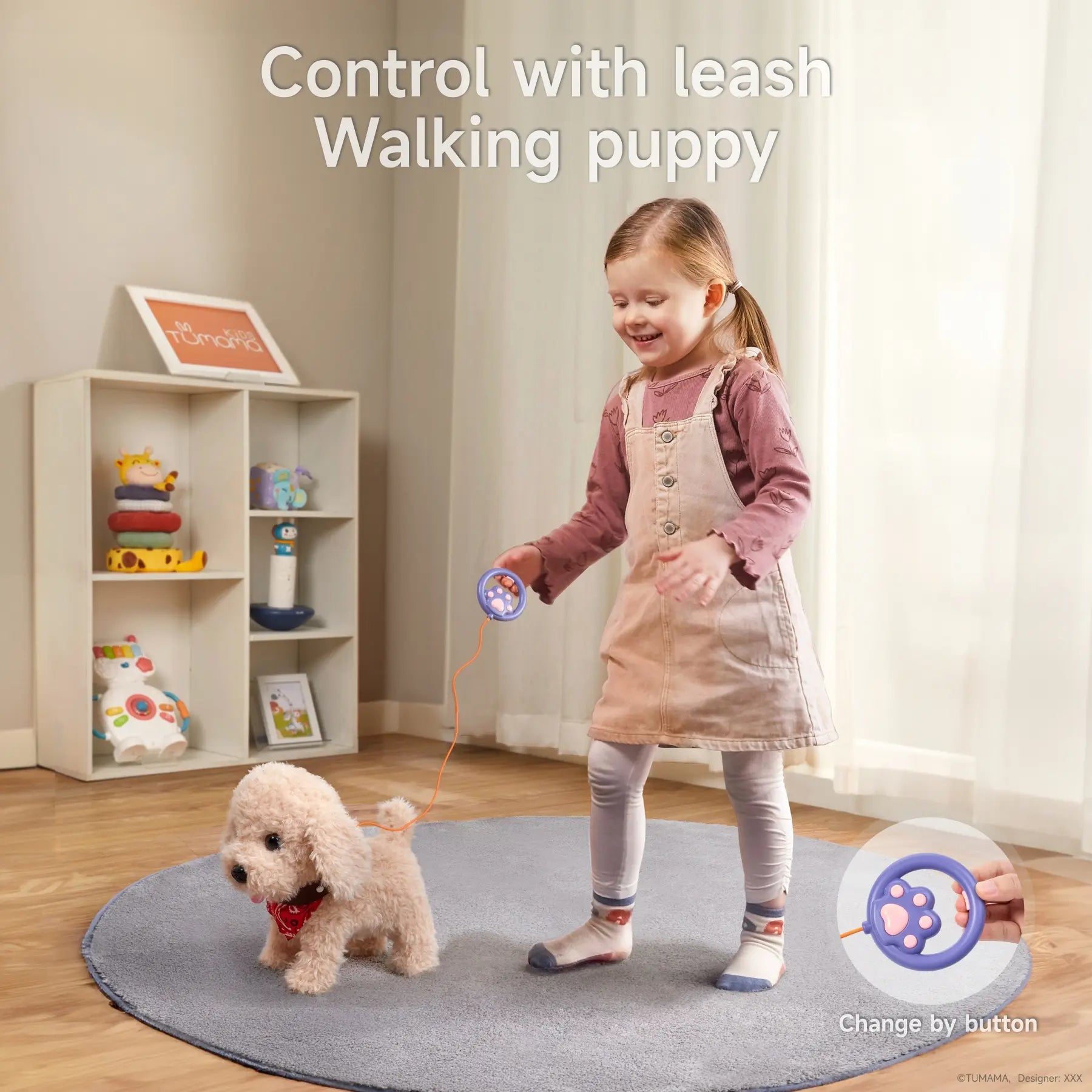 A little girl playing with a walking plush puppy toy controlled by a leash with a paw-shaped remote. The toy dog is wearing a red bandana and is walking on a carpeted floor in a cozy room.
