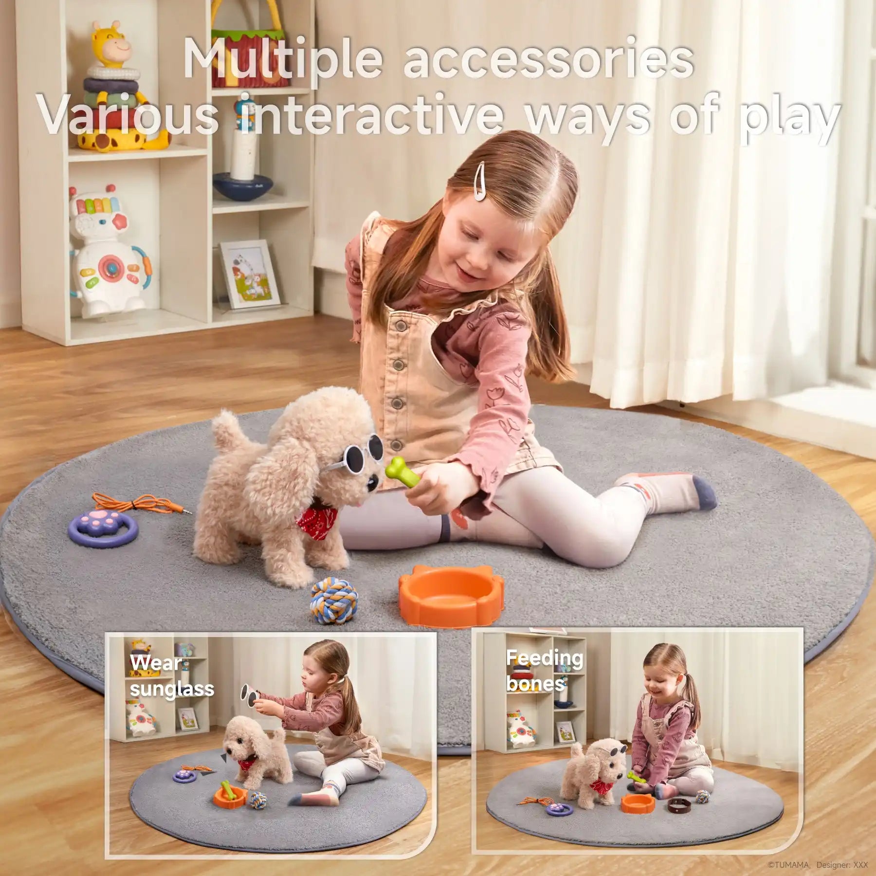 A young girl playing with an interactive plush puppy toy wearing sunglasses and a red bandana. The toy comes with accessories such as a food bowl, bone, rope ball, and remote-control leash. The girl is engaging in activities like feeding and dressing the toy dog.