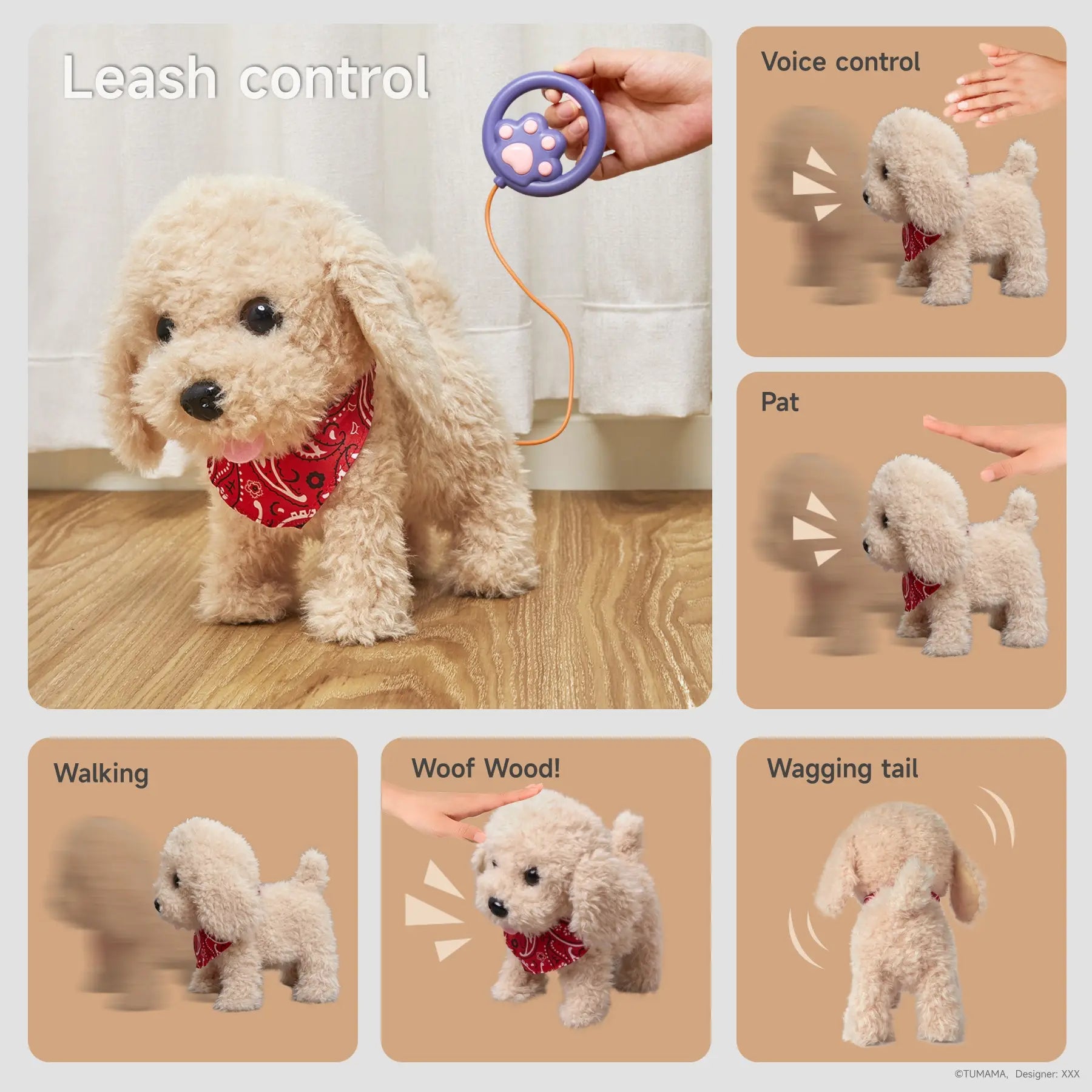 An interactive plush puppy toy wearing a red bandana, featuring leash control, voice control, and pat activation. The toy can walk, bark, and wag its tail, offering realistic pet-like behavior for kids’ entertainment.