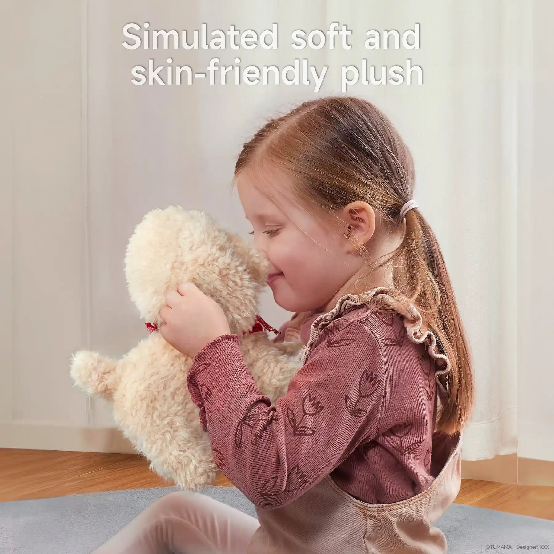 A young girl hugging a soft plush puppy toy with a red bandana. The toy is made of skin-friendly and simulated soft materials, offering a comforting and gentle experience for kids.