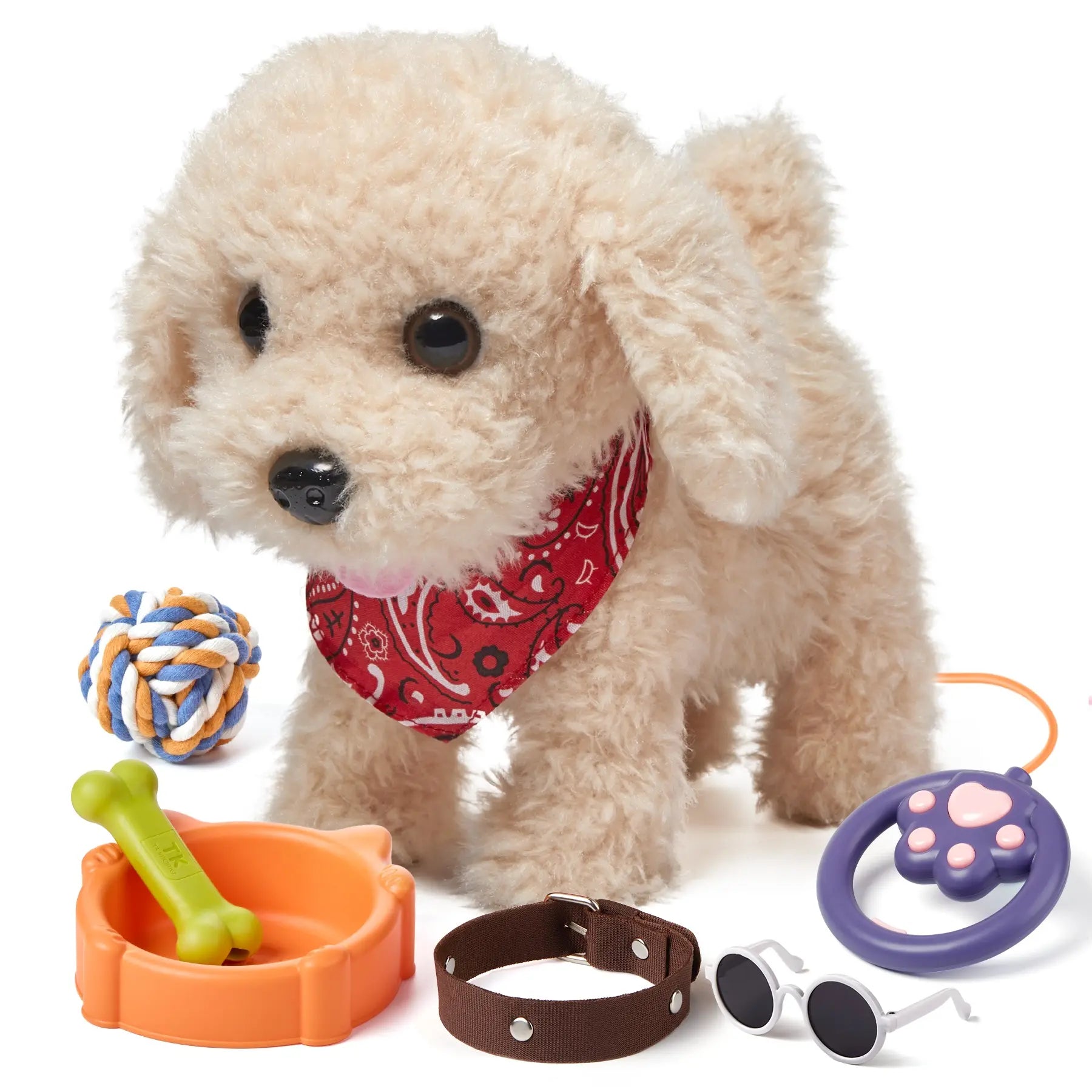 A realistic walking toy puppy wearing a red bandana, surrounded by accessories including a toy bowl, bone, collar, sunglasses, rope ball, and a paw-shaped toy. Perfect for kids’ playtime.
