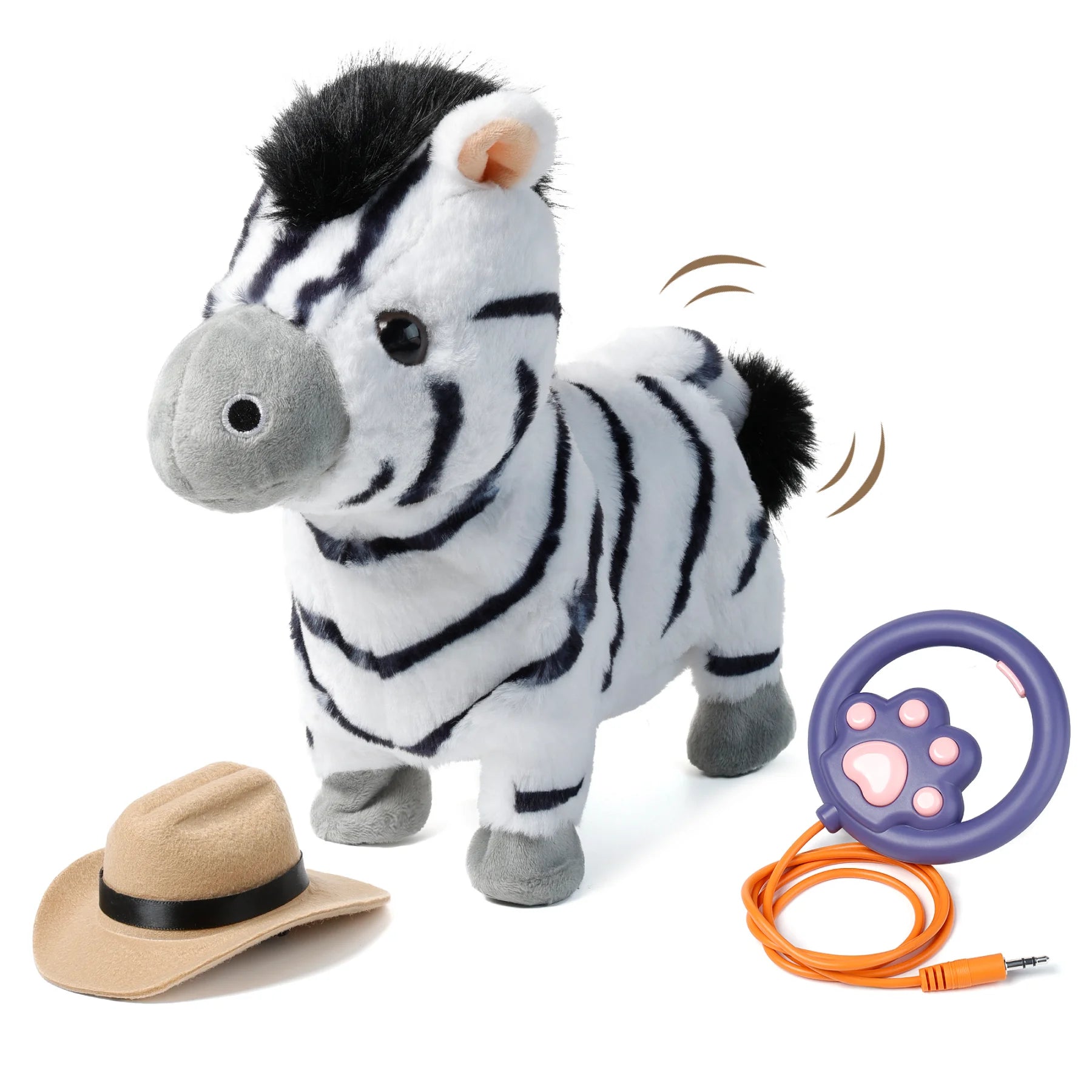A electric plush zebra toy with black-and-white stripes, a cowboy hat, and a paw-shaped remote control. The zebra is shown wagging its tail, highlighting its interactive features.