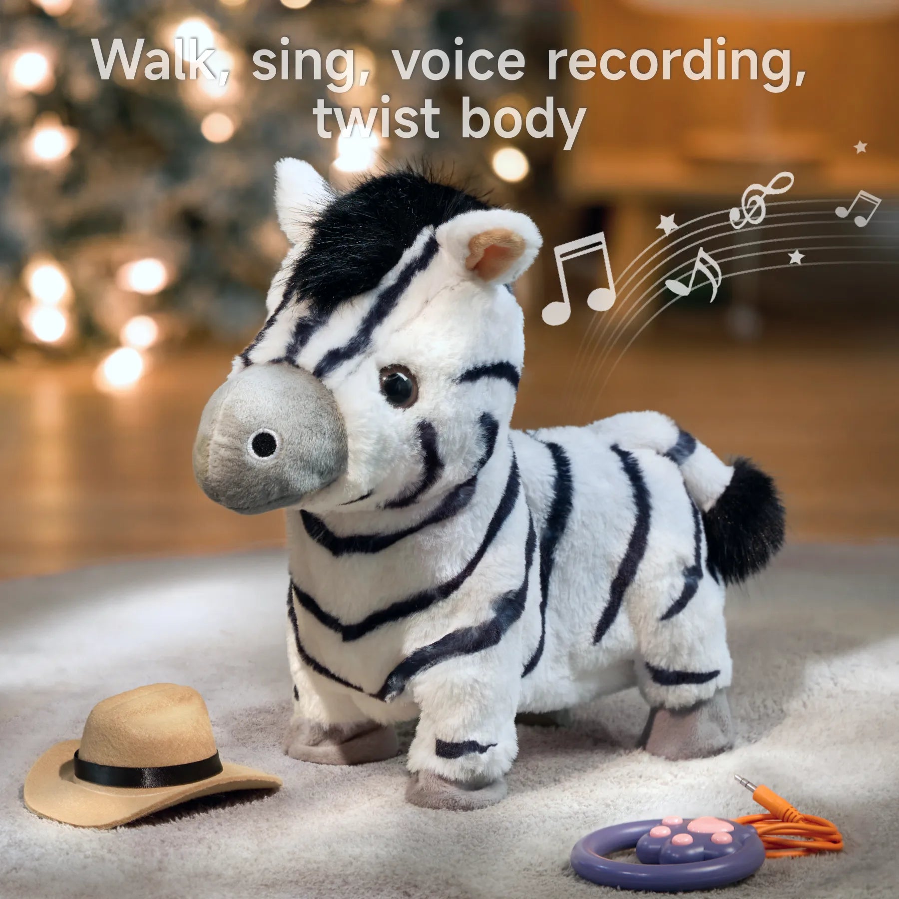 An electric interactive zebra plush toy with black-and-white stripes, shown walking and twisting its body. Musical notes and a remote control add to the fun, with a cowboy hat included as a playful accessory.