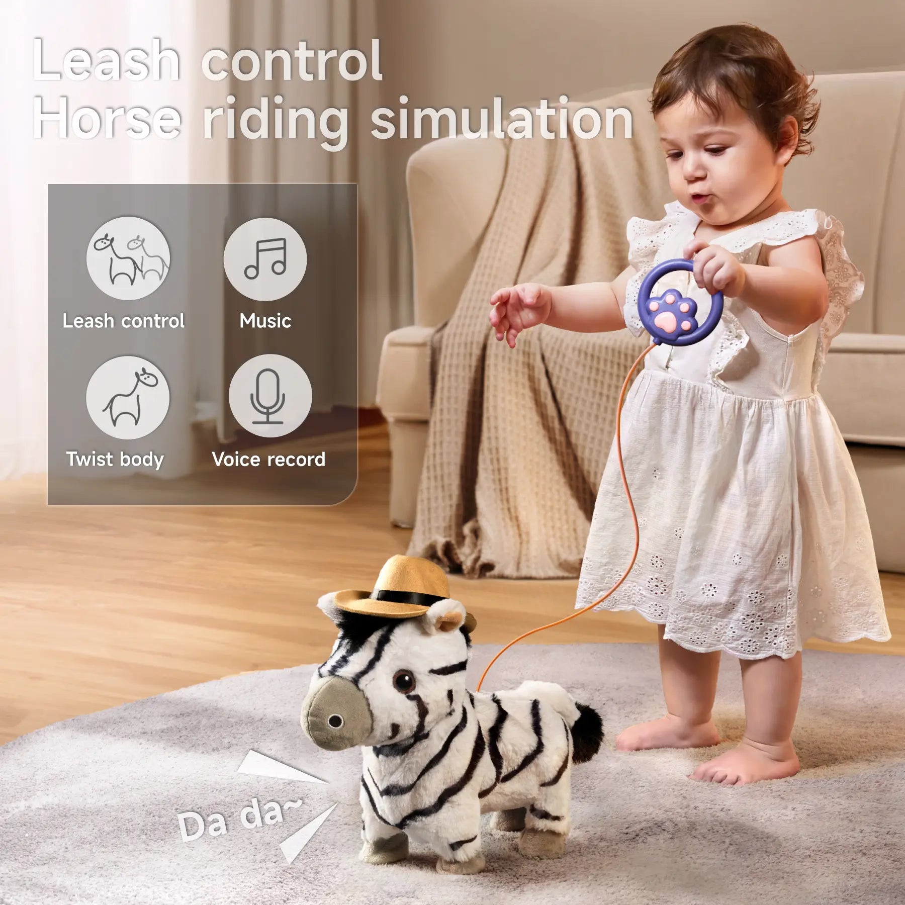 A toddler playing with an electric interactive zebra plush toy wearing a cowboy hat. The zebra is controlled via a leash and features music, voice recording, and body-twisting actions, making it an exciting and engaging toy.