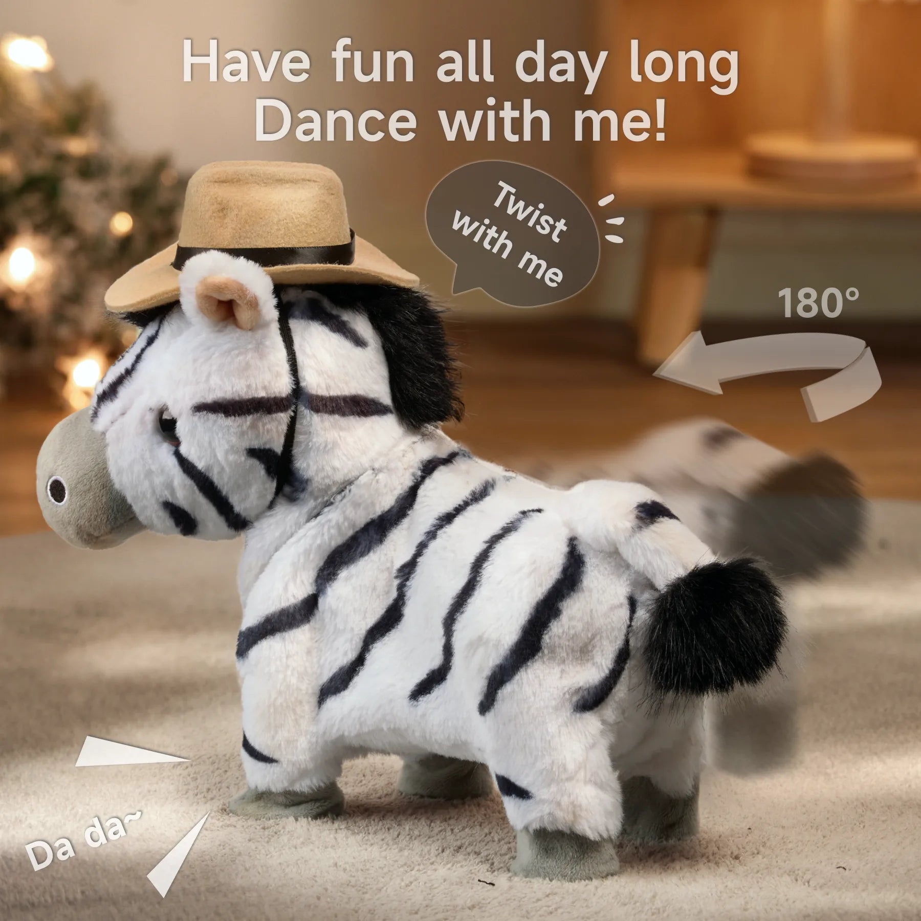 An electric interactive zebra plush toy wearing a cowboy hat, shown twisting its body 180° while playing cheerful music. The text encourages kids to