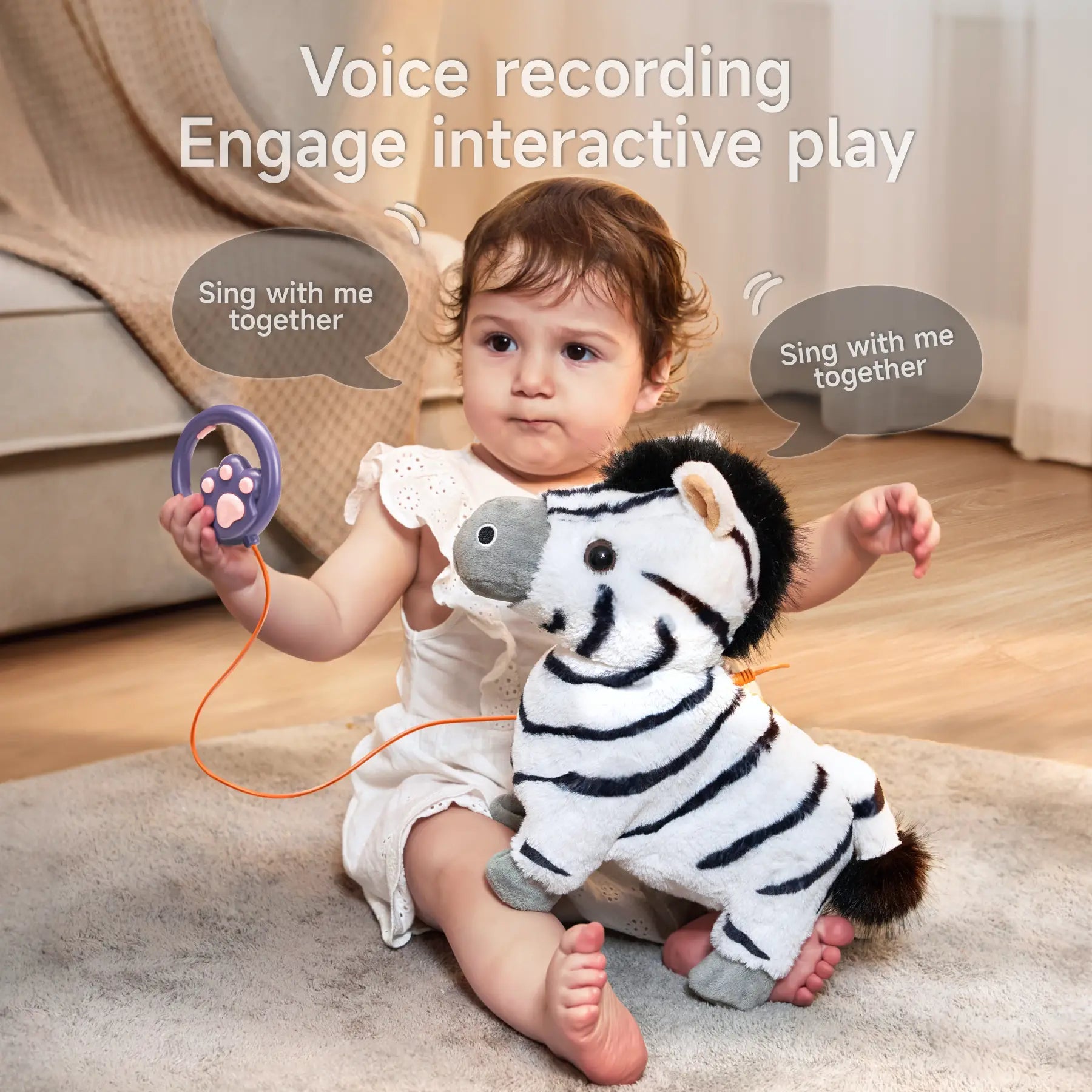 A toddler holding a paw-shaped remote while playing with an interactive electric zebra plush toy. The zebra features voice recording, singing, and dynamic movements, encouraging interactive play and fun.
