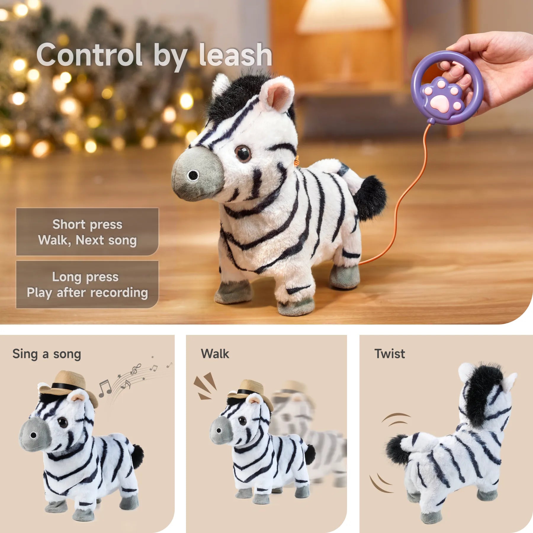 An interactive electric zebra plush toy controlled by a paw-shaped leash. The zebra can sing, walk, and twist, showcasing its multifunctional features for fun and engaging play.