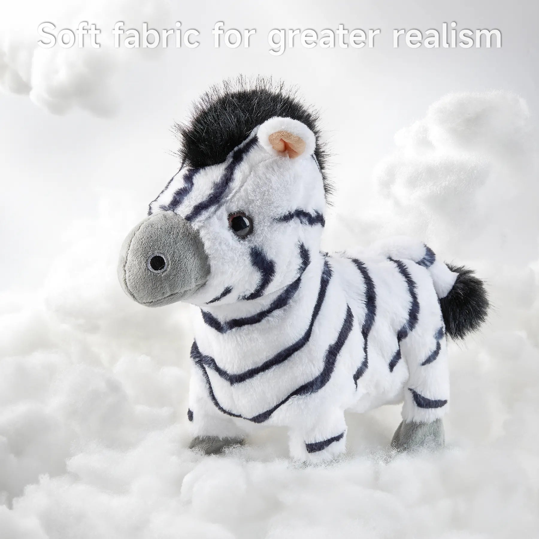 A plush zebra toy with soft, realistic fabric and black-and-white stripes, standing on a cloud-like surface, emphasizing its fluffiness and lifelike design.
