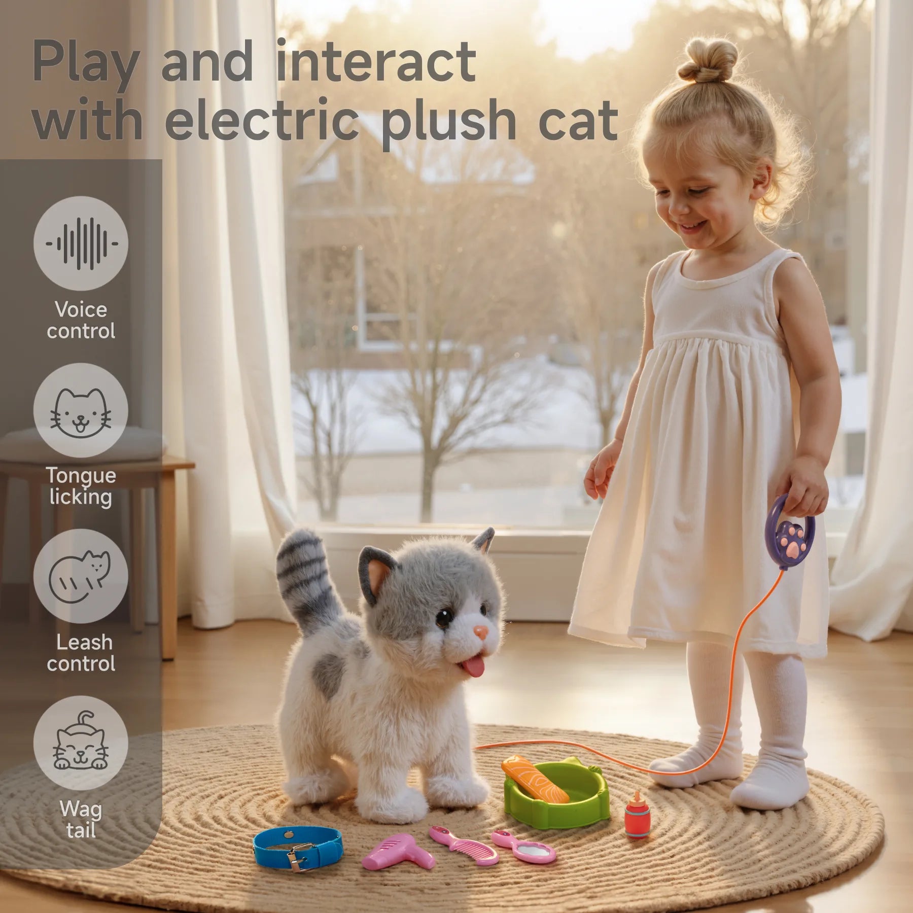 A young child holding the leash remote to interact with the electric plush cat toy. The toy stands on a rug with its accessories, including a food bowl, salmon toy, milk bottle, and grooming tools. Icons highlight key features: voice control, tongue licking, leash control, and wagging tail, creating a fun and interactive experience.