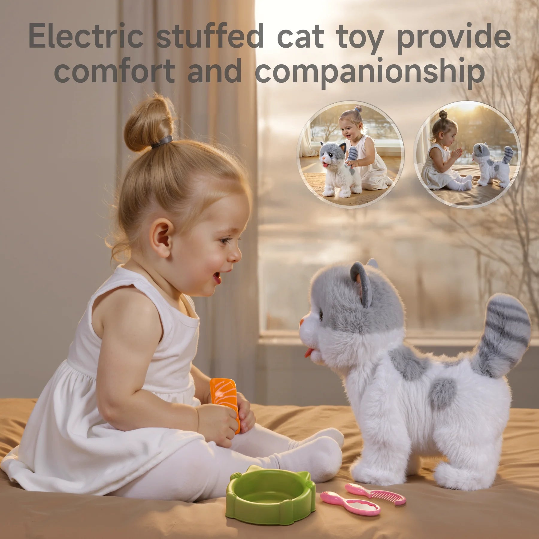 A young child playing with an electric stuffed cat toy, holding a toy fish while sitting on a bed. The cat toy stands in front of her next to a green food bowl and pink grooming tools. Inset images show the child interacting with the toy, highlighting its lifelike features and ability to provide comfort and companionship.