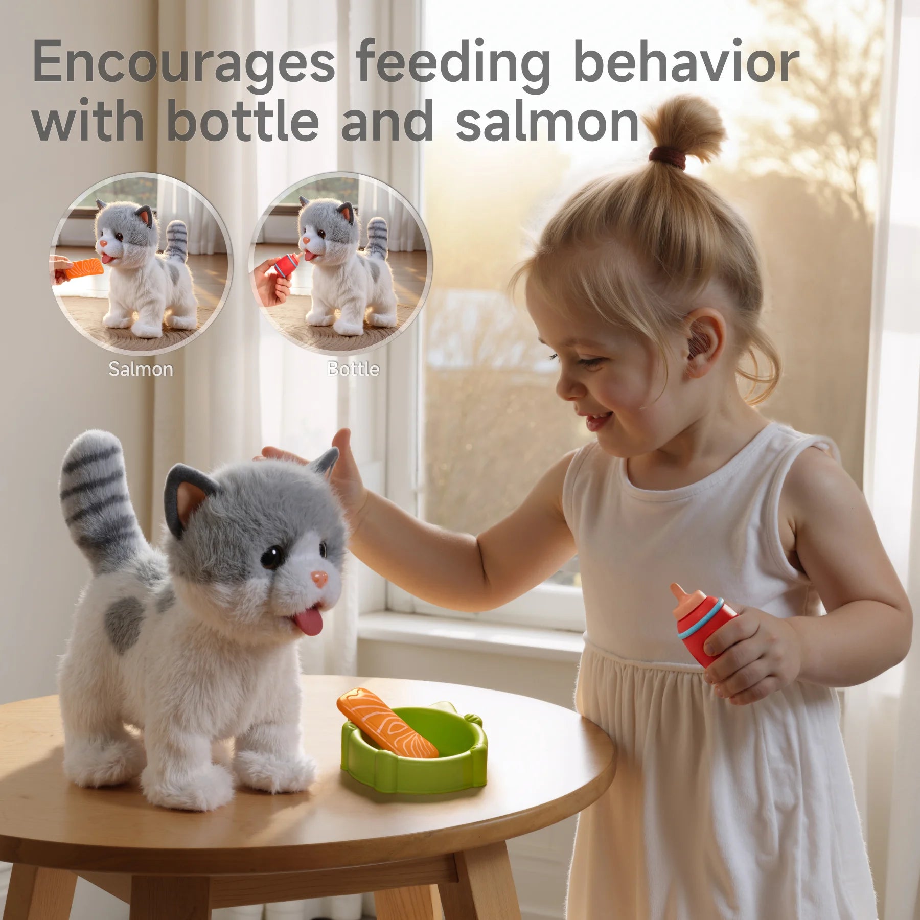 A child feeding an interactive plush cat toy using a milk bottle, while a food bowl with a salmon toy sits on the table. Inset images show the cat being fed with the salmon and bottle, promoting nurturing behavior and imaginative play.