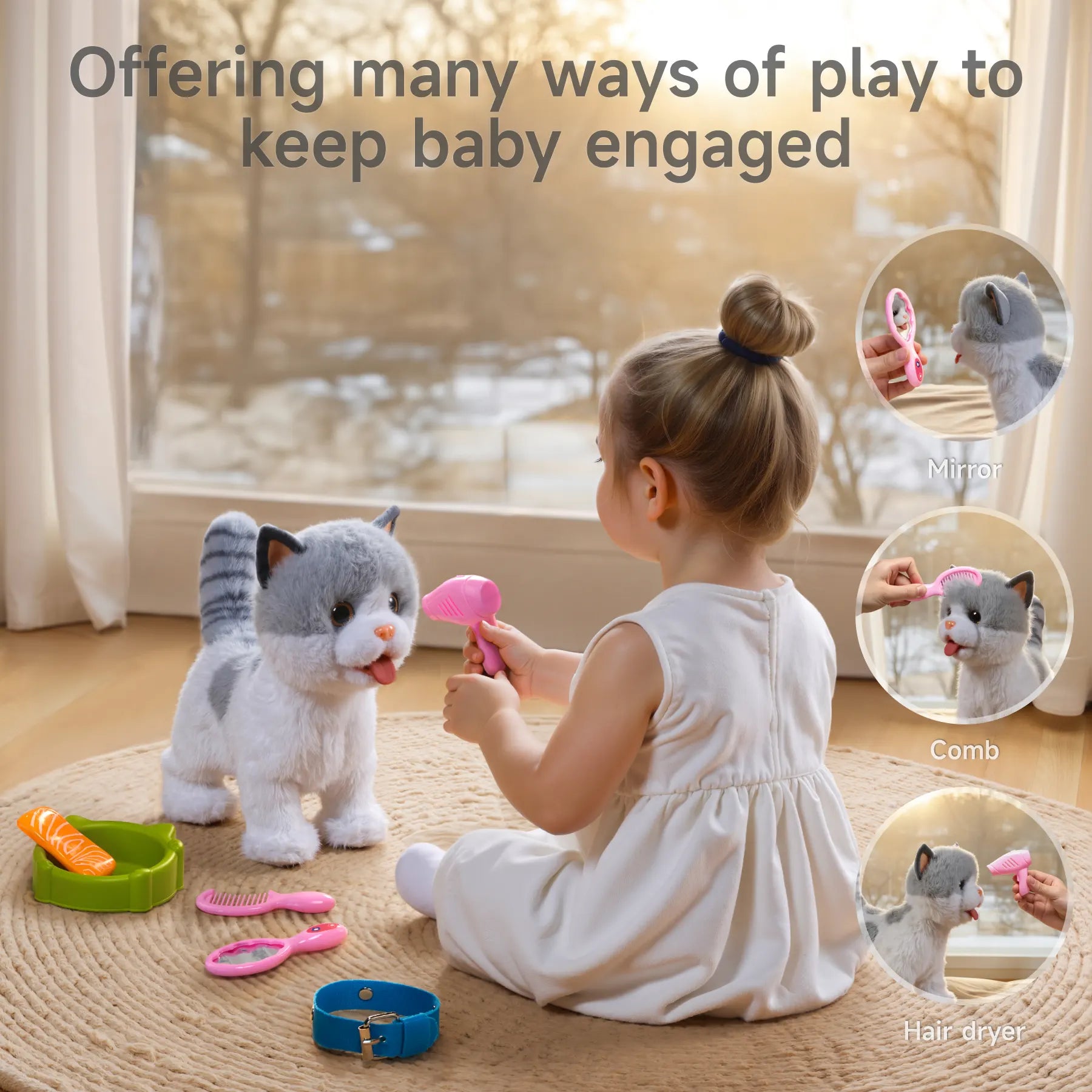 A young child playing with an interactive plush cat toy using a pink hairdryer. Accessories, including a mirror, comb, and food bowl, are shown. Inset images highlight different grooming activities like brushing and pretend play with the mirror. Perfect for keeping kids engaged.