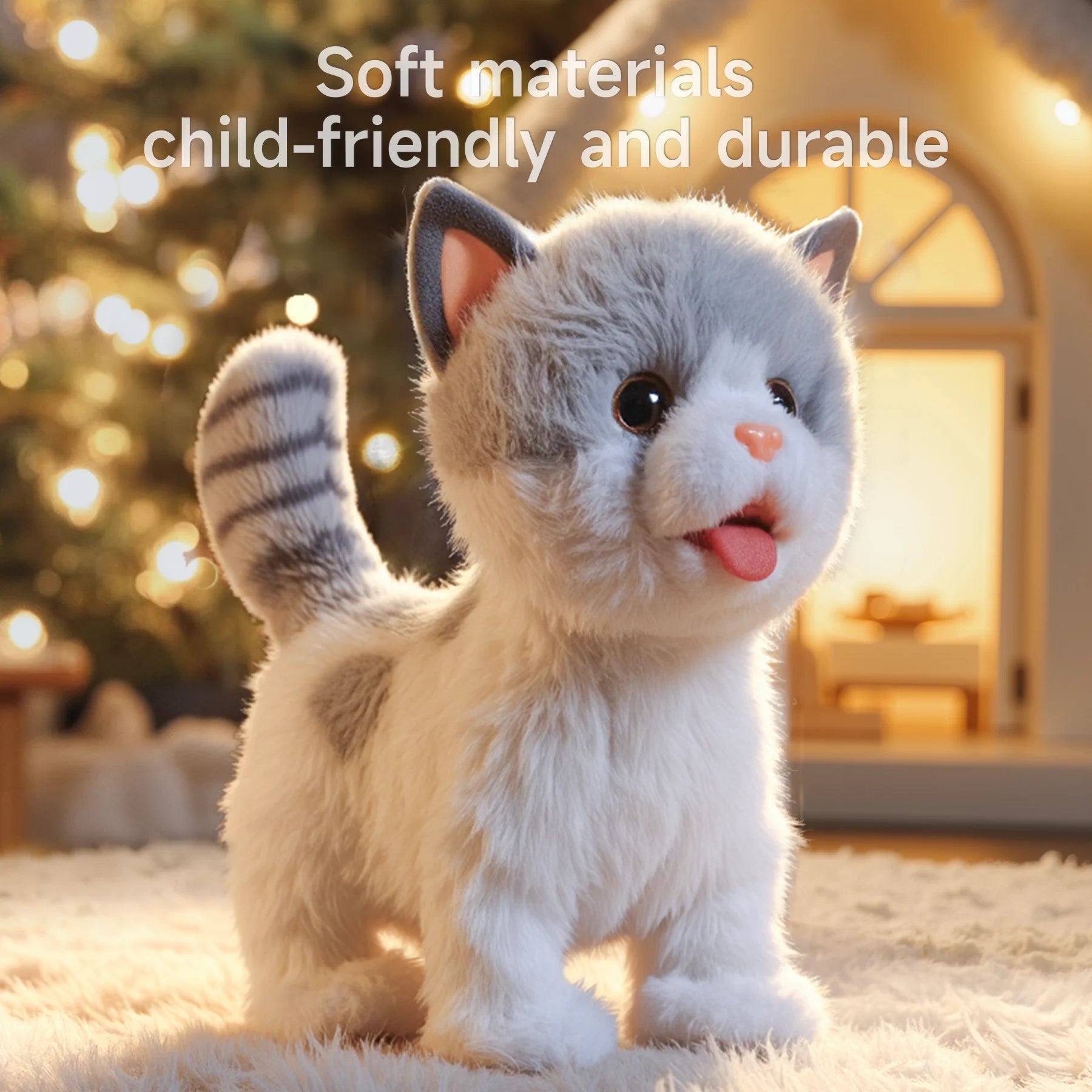 A soft and fluffy electric plush cat toy with gray-and-white fur, standing on a cozy rug in front of a glowing holiday tree. Its lifelike design and child-friendly materials make it both durable and safe for kids.