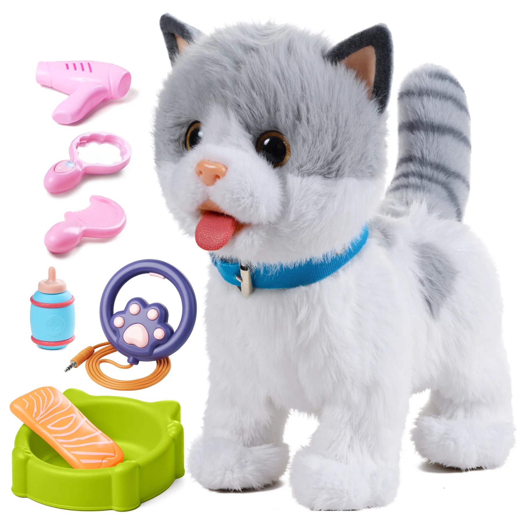 An interactive plush cat toy with gray-and-white fur and a blue collar, surrounded by accessories including a food bowl, salmon toy, milk bottle, grooming tools (hairdryer, comb, mirror), and a purple paw-shaped remote leash. A perfect playset for kids.