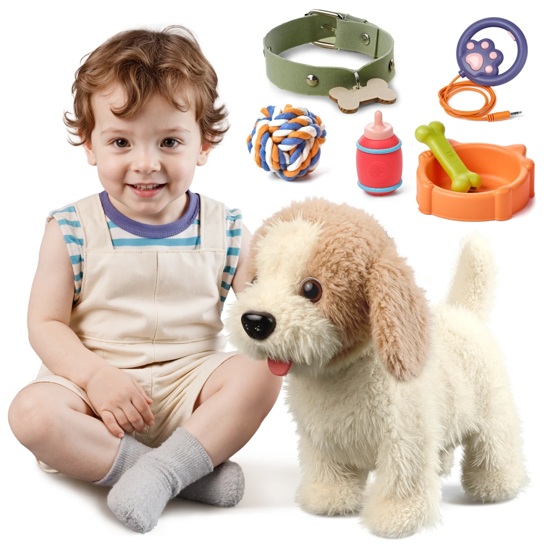 Walking Dog Toy for Kids with Leash, Remote Control Toy Puppy That Walks, Barks, Feeds, Sits Down and Wag Its TaiI, Interactive Stuffed Toy Dog for Kids 3+ Years Old