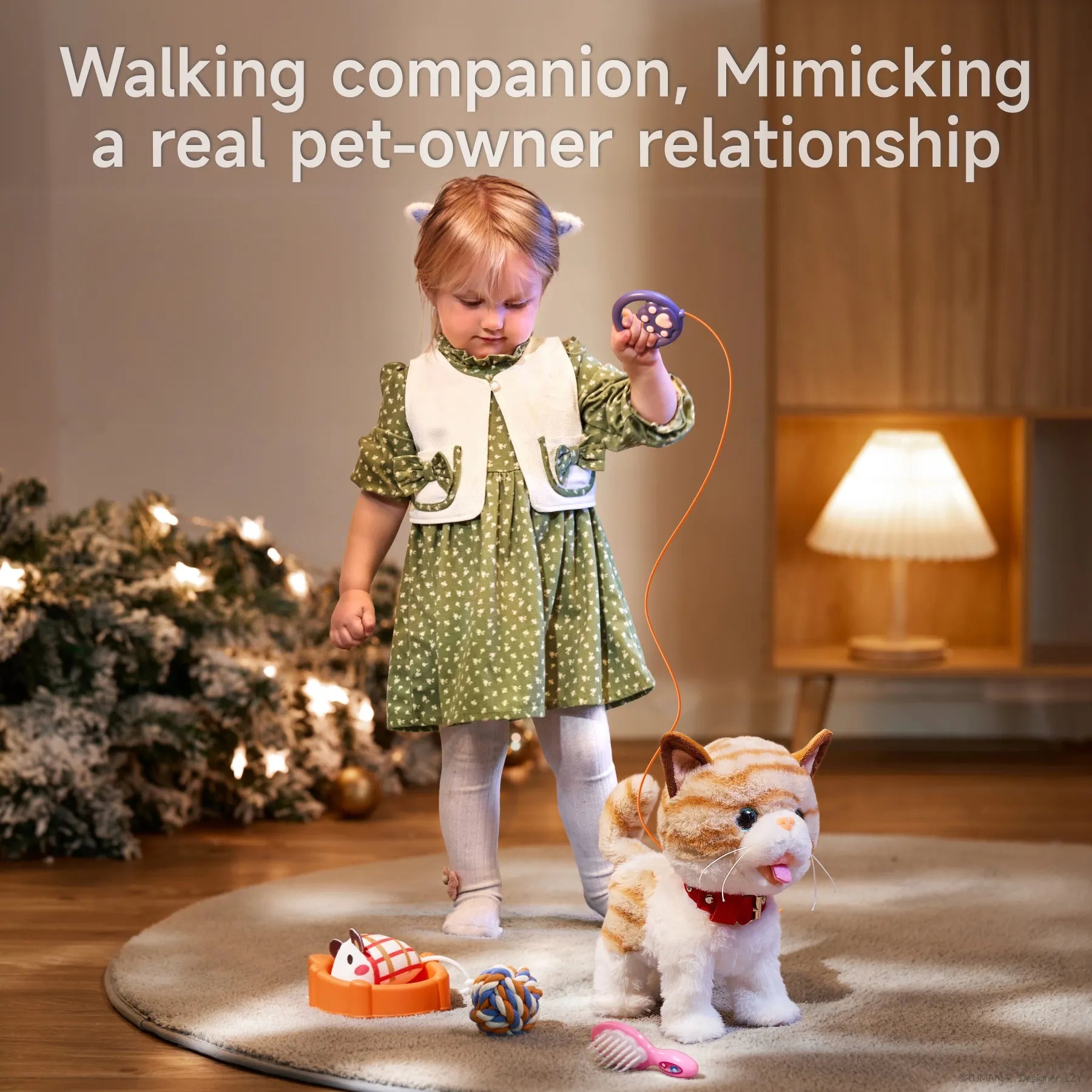 A young child using the paw-shaped leash remote to walk an interactive toy cat, surrounded by accessories like a toy mouse, food bowl, rope ball, and grooming brush. The scene mimics a real pet-owner relationship, fostering nurturing skills.