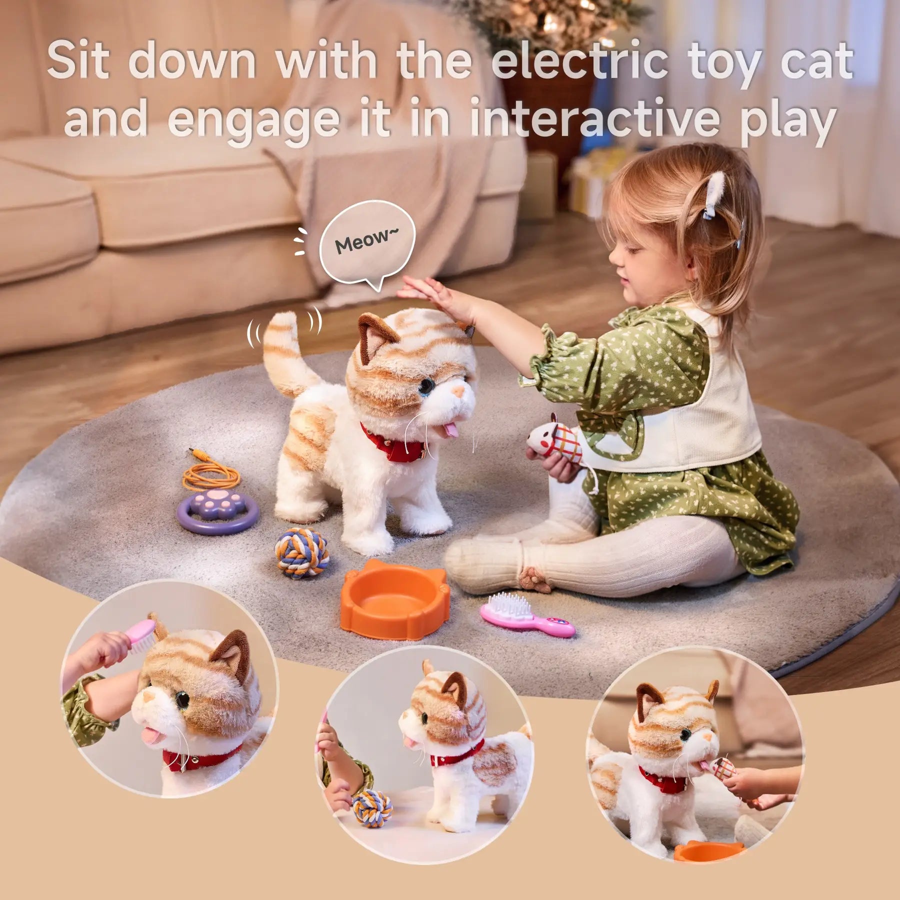 A young child playing with an interactive walking toy cat, surrounded by accessories like a toy mouse, food bowl, grooming brush, rope ball, and leash remote. Insets show the child brushing, feeding, and interacting with the toy cat in different scenarios.