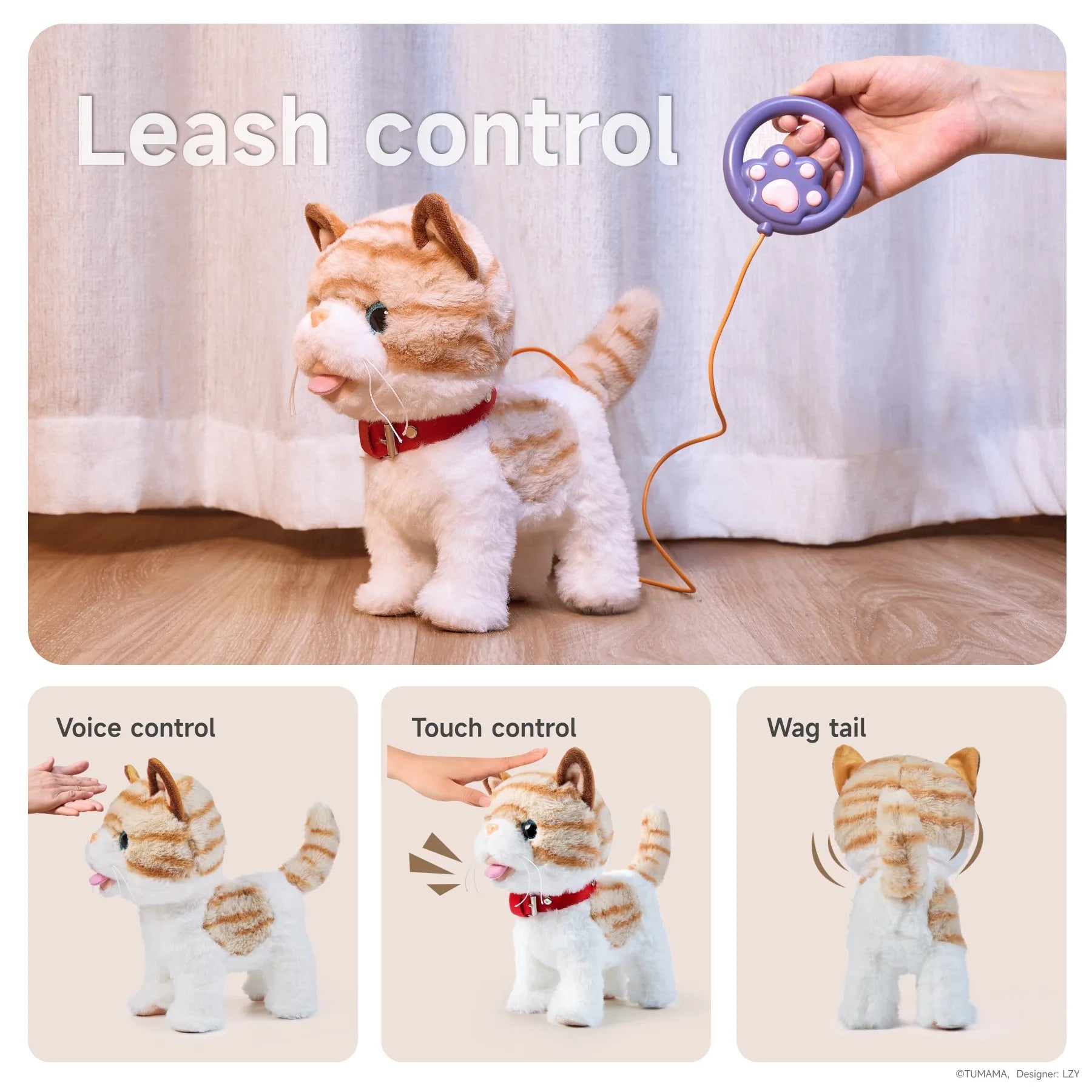 An interactive toy cat controlled by a leash remote. Below, illustrations demonstrate its features: responding to voice commands, touch-activated meowing, and wagging its tail. A realistic and fun companion for kids.