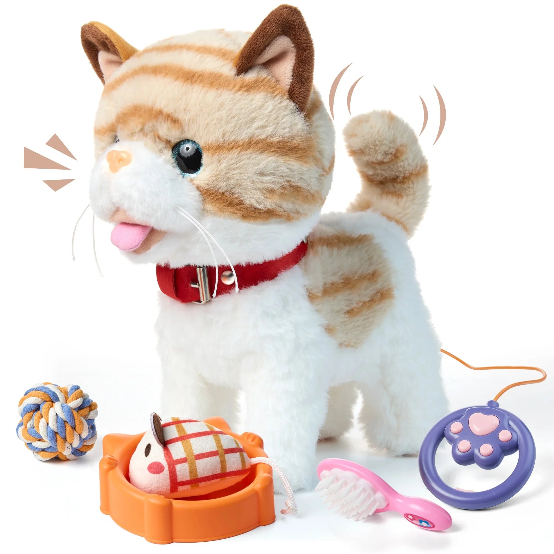 An interactive plush walking cat toy with a red collar, surrounded by accessories: an orange food bowl with a toy mouse, a rope ball, a pink grooming brush, and a purple paw-shaped leash remote. The cat appears to be meowing and wagging its tail.