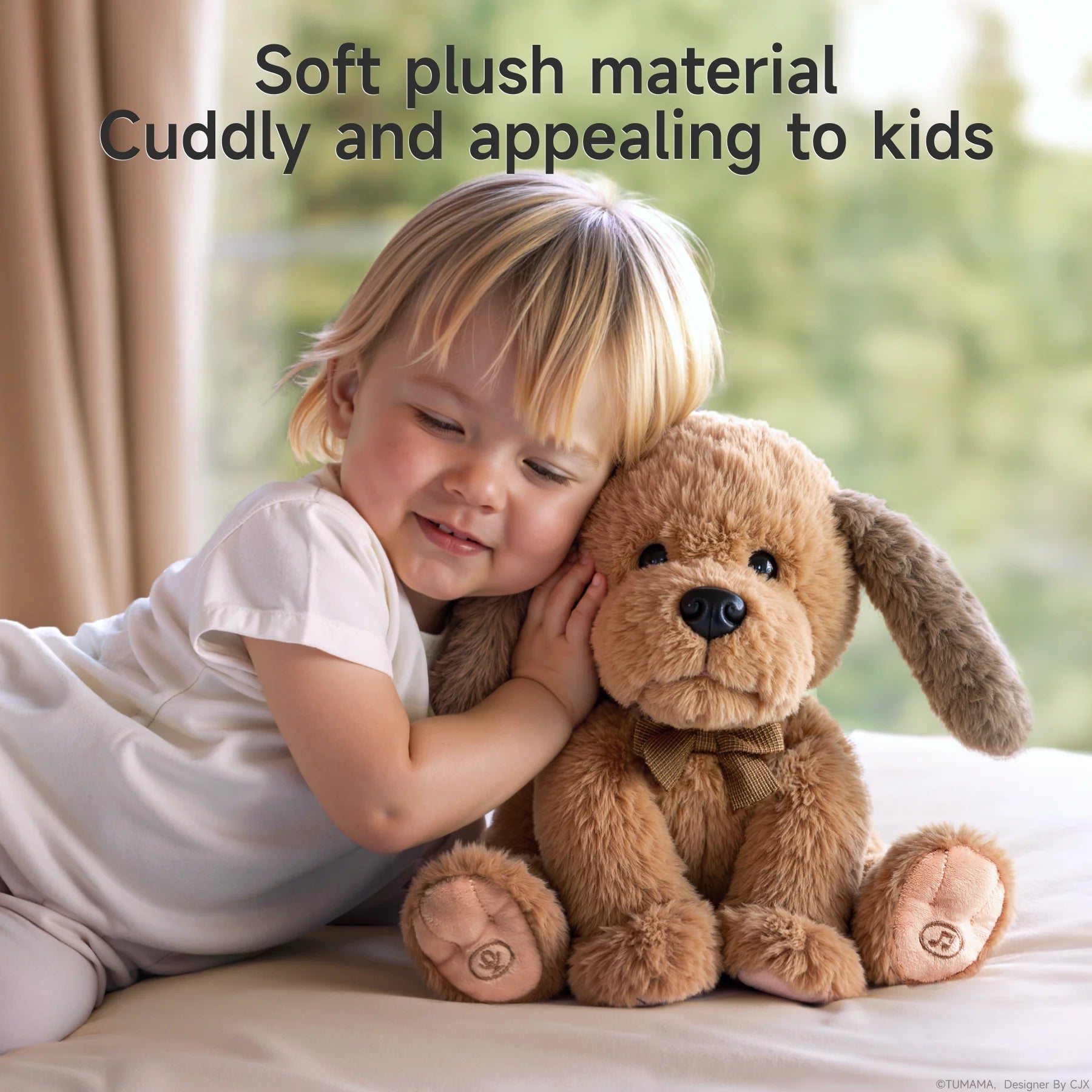 A young child in white clothing hugs a soft, brown plush puppy stuffed animal toy with floppy ears and a bow tie. The child looks happy and comfortable, resting their cheek against the toy. Text at the top reads 
