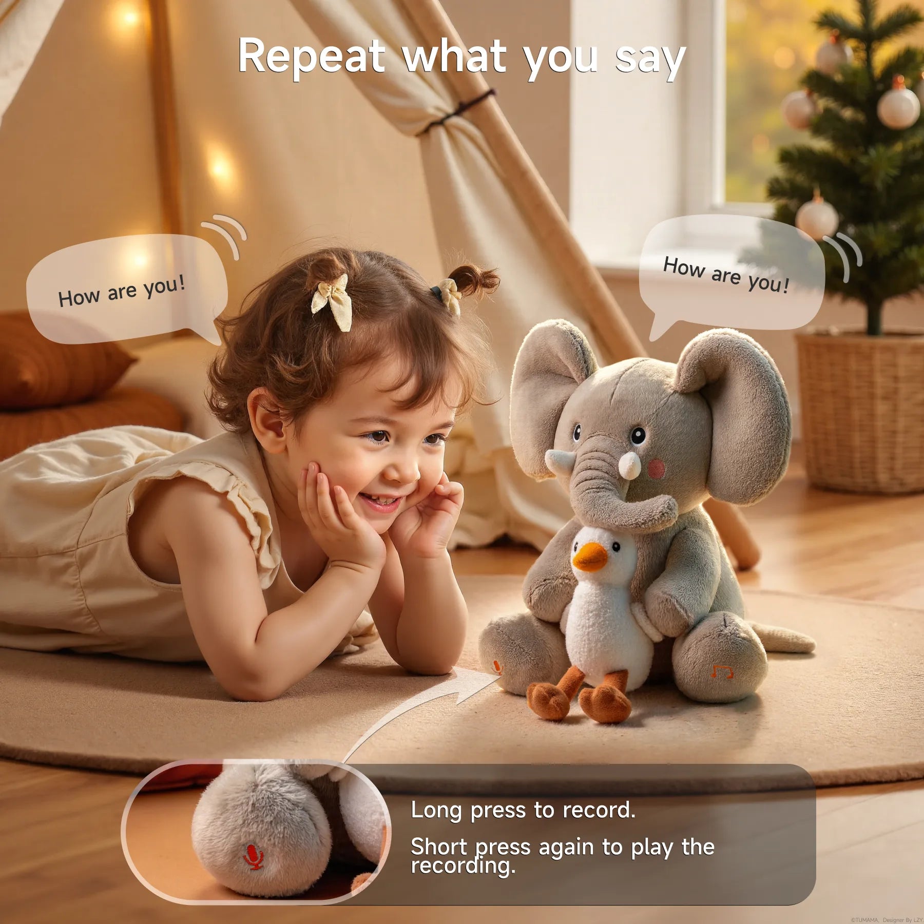 Smiling toddler talking to a plush elephant and bird toy that repeats phrases, with close-up of record button instructions showing how to record and play messages.