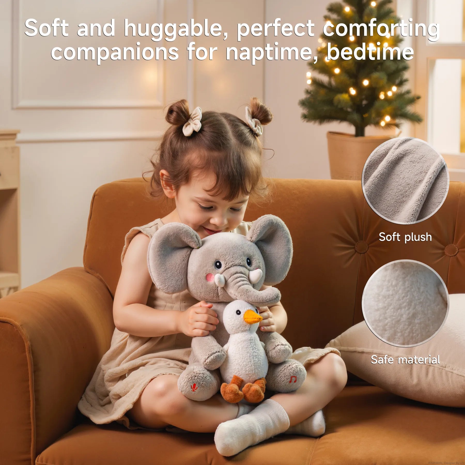 Young girl cuddling a soft plush elephant and bird toy on a couch, highlighting safe materials and huggable texture, ideal for naptime comfort.