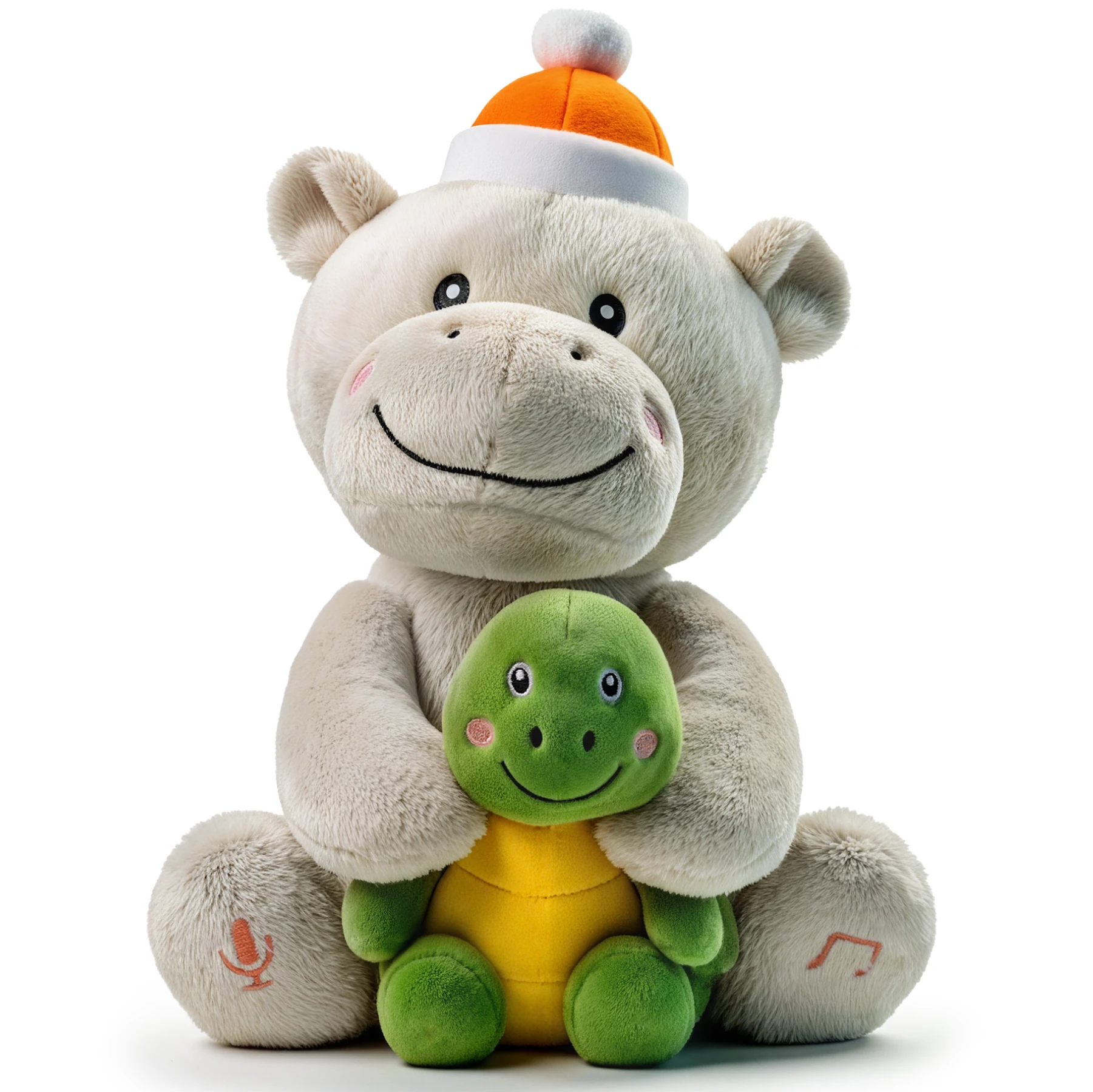 Interactive dancing and singing hippo plush toy wearing an orange hat, holding a smiling green turtle, featuring voice recording and music buttons on its feet, soft and safe for toddlers.