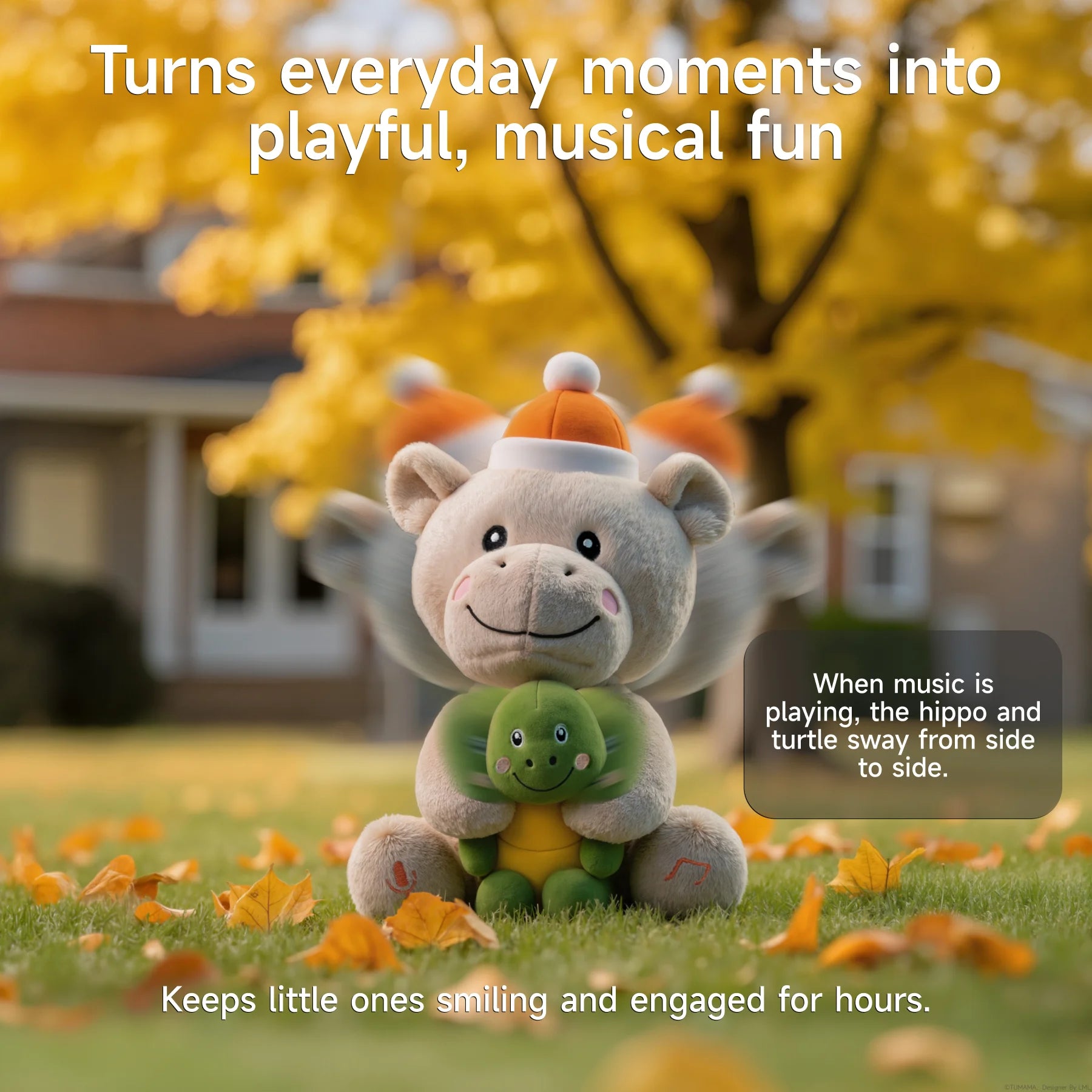 Interactive plush hippo and turtle toy swaying side to side on autumn grass, with text highlighting musical fun and child engagement.