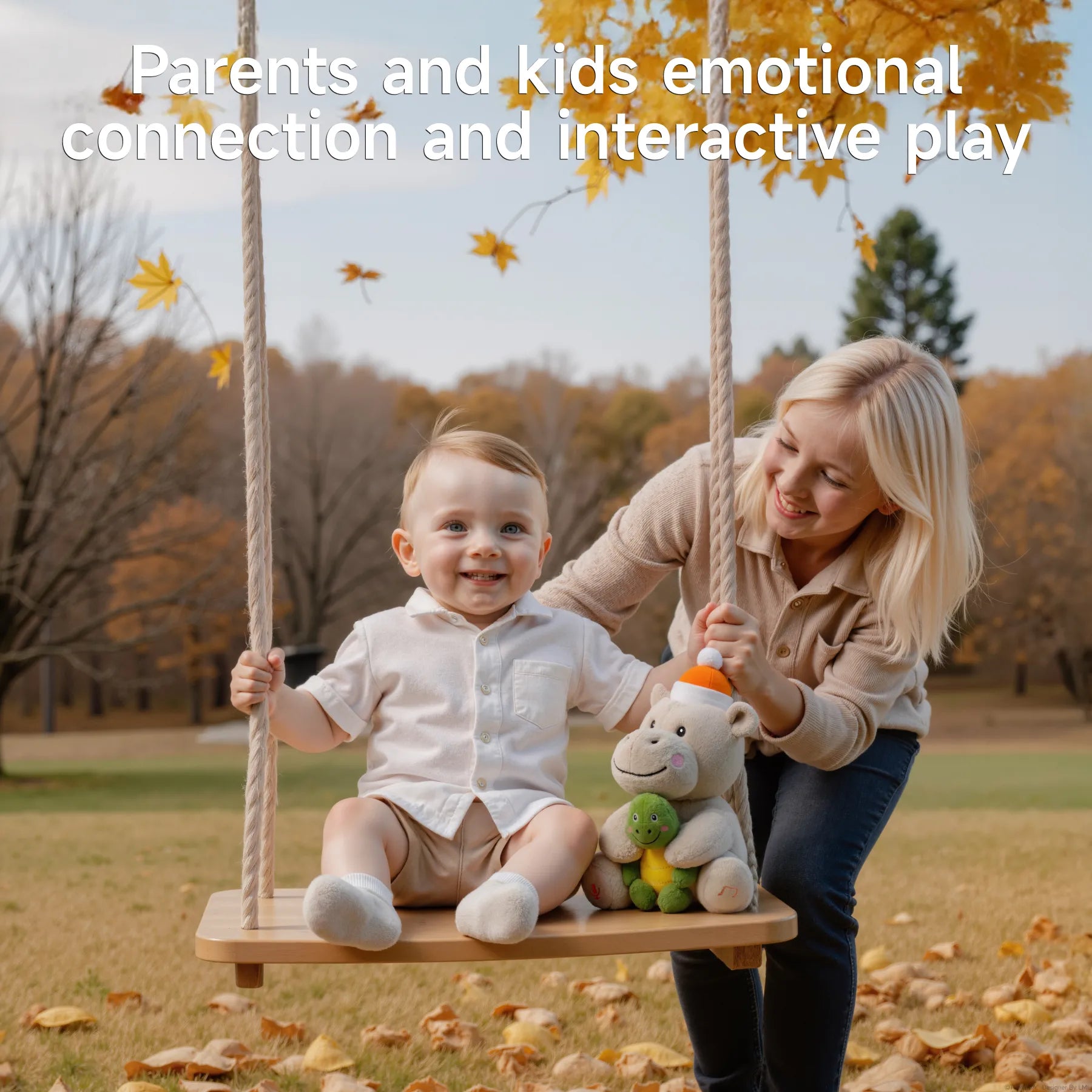 Smiling toddler sitting on a wooden swing with a plush hippo and turtle toy, gently pushed by a happy adult woman in a park with autumn leaves, symbolizing joyful parent-child bonding and interactive play.
