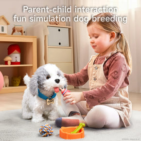 A young child playing with a gray-and-white plush puppy toy wearing a blue collar and 