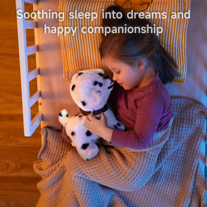 A young girl peacefully sleeping in her bed, holding her interactive puppy toy close as a comforting bedtime companion.