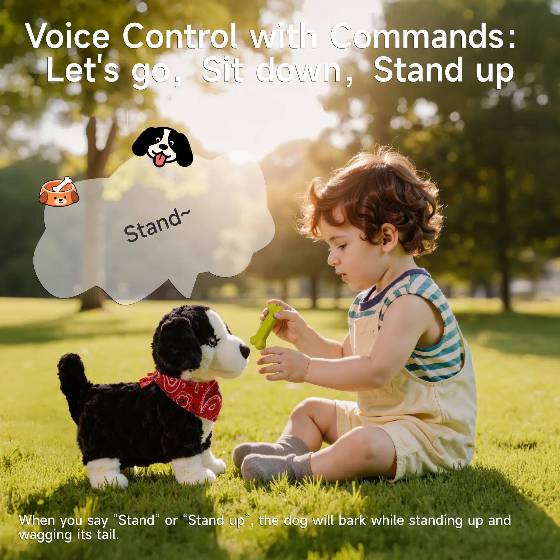 Child using voice command “Stand” to interact with plush electronic puppy toy – dog responds by barking and standing up with wagging tail.