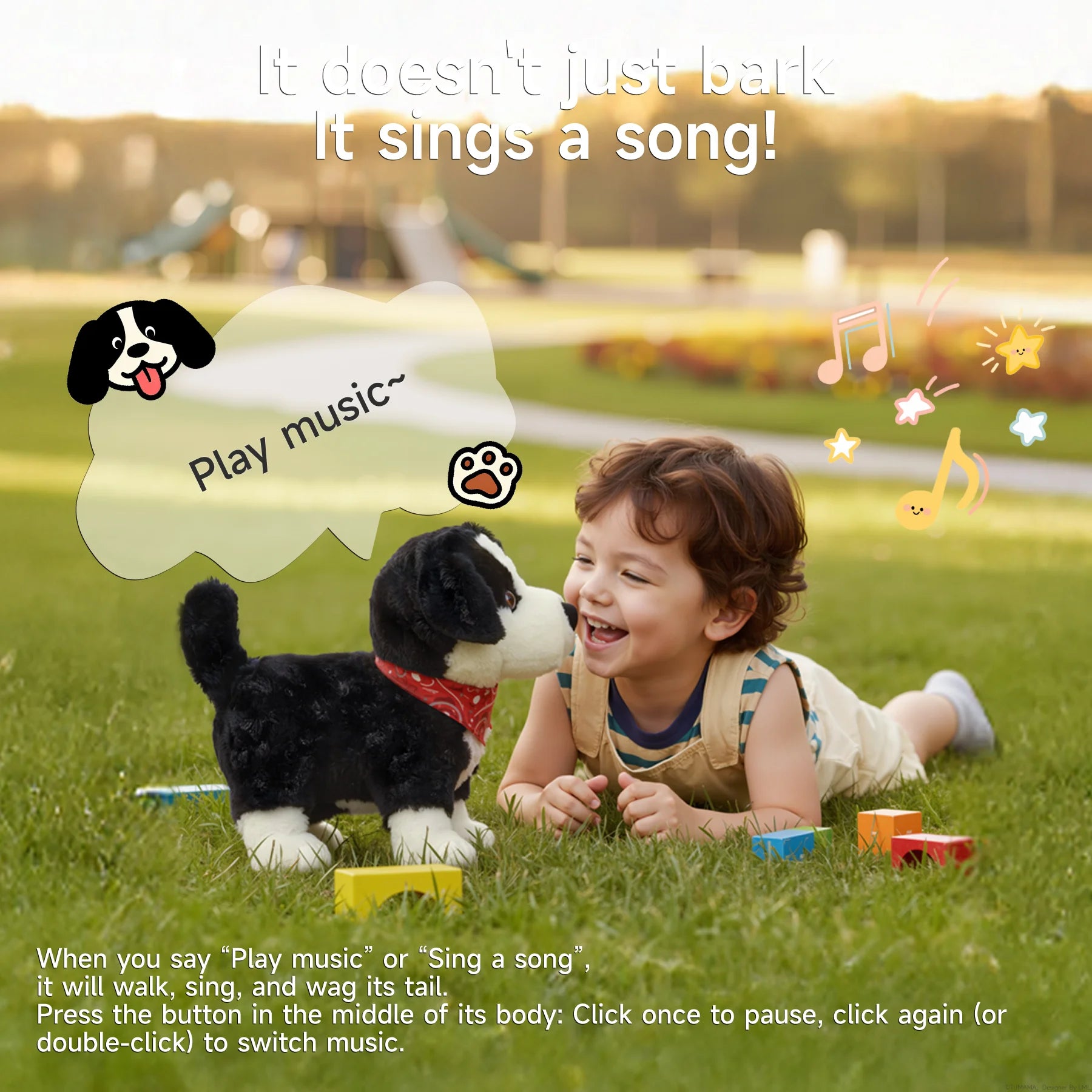 Happy child lying on grass interacting with plush voice-controlled puppy toy – dog plays music, sings, and wags tail on voice command.