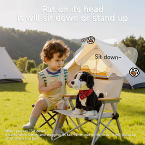 Child patting plush voice-controlled puppy toy on the head – dog sits down and barks in response while seated on a camping chair outdoors.