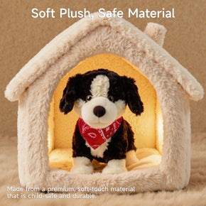 Voice-controlled plush puppy toy sitting in a cozy soft doghouse, made of child-safe, premium plush material for comfortable and safe play.