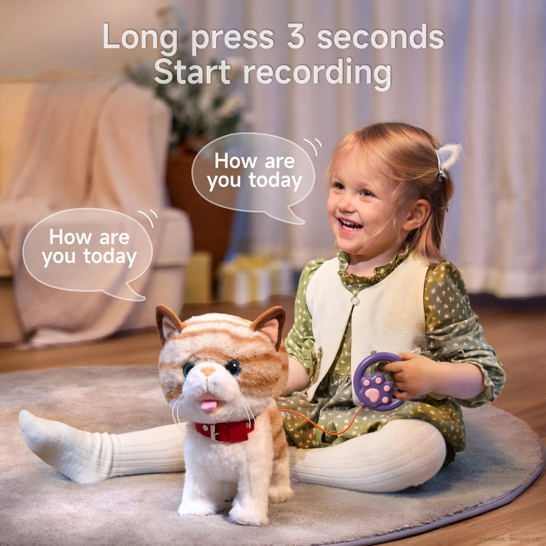 A child holding a leash remote and interacting with an walking toy cat that mimics her voice. Speech bubbles show the toy cat repeating 